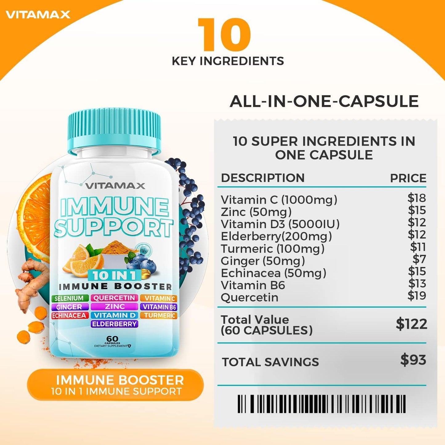 10-in-1 Immune Support Booster with Elderberry, D3, Selenium, Quercetin, Zinc, Vitamin C, Ginger, Turmeric Curcumin, B6, Echinacea - Natural Defense - USA-Made (60 Count)