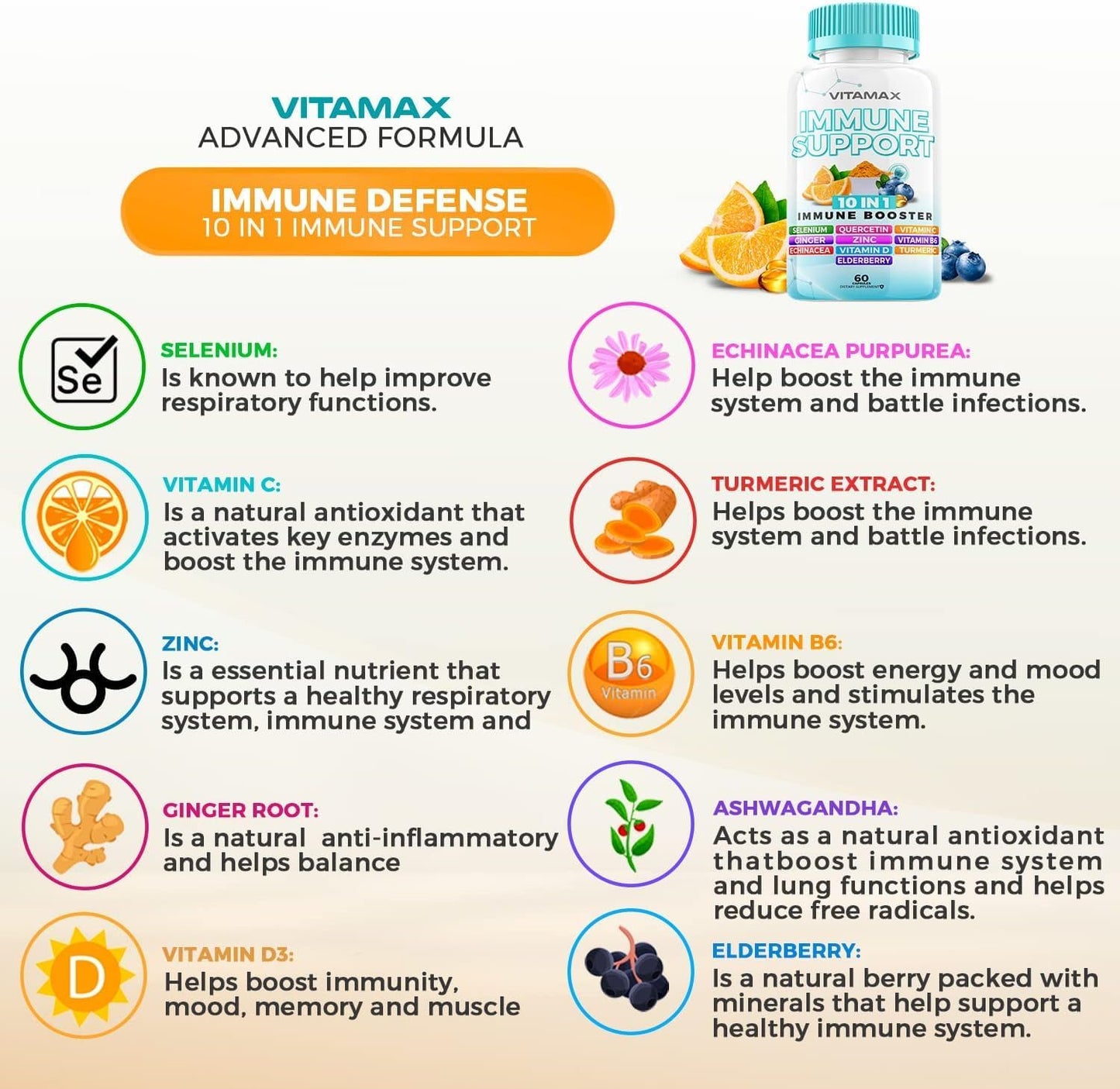 10-in-1 Immune Support Booster with Elderberry, D3, Selenium, Quercetin, Zinc, Vitamin C, Ginger, Turmeric Curcumin, B6, Echinacea - Natural Defense - USA-Made (60 Count)