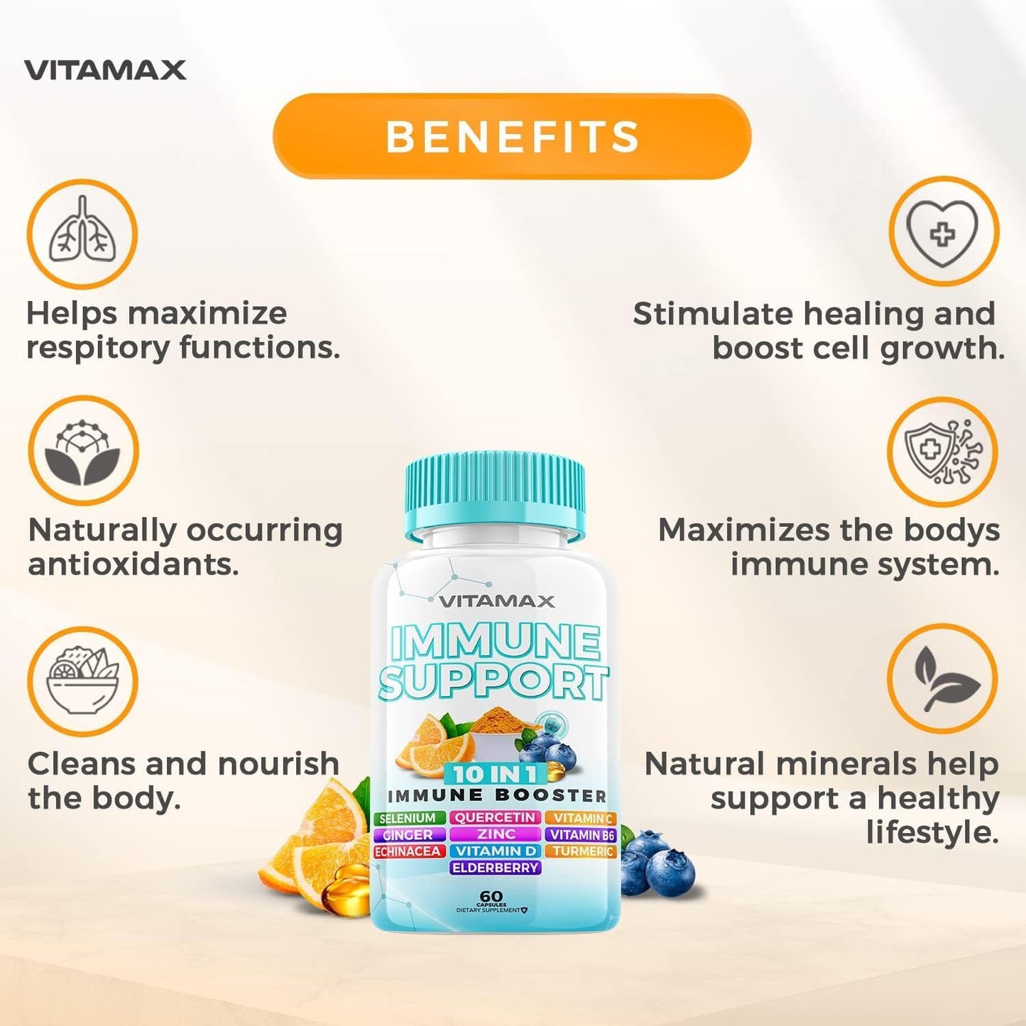 10-in-1 Immune Support Booster with Elderberry, D3, Selenium, Quercetin, Zinc, Vitamin C, Ginger, Turmeric Curcumin, B6, Echinacea - Natural Defense - USA-Made (60 Count)