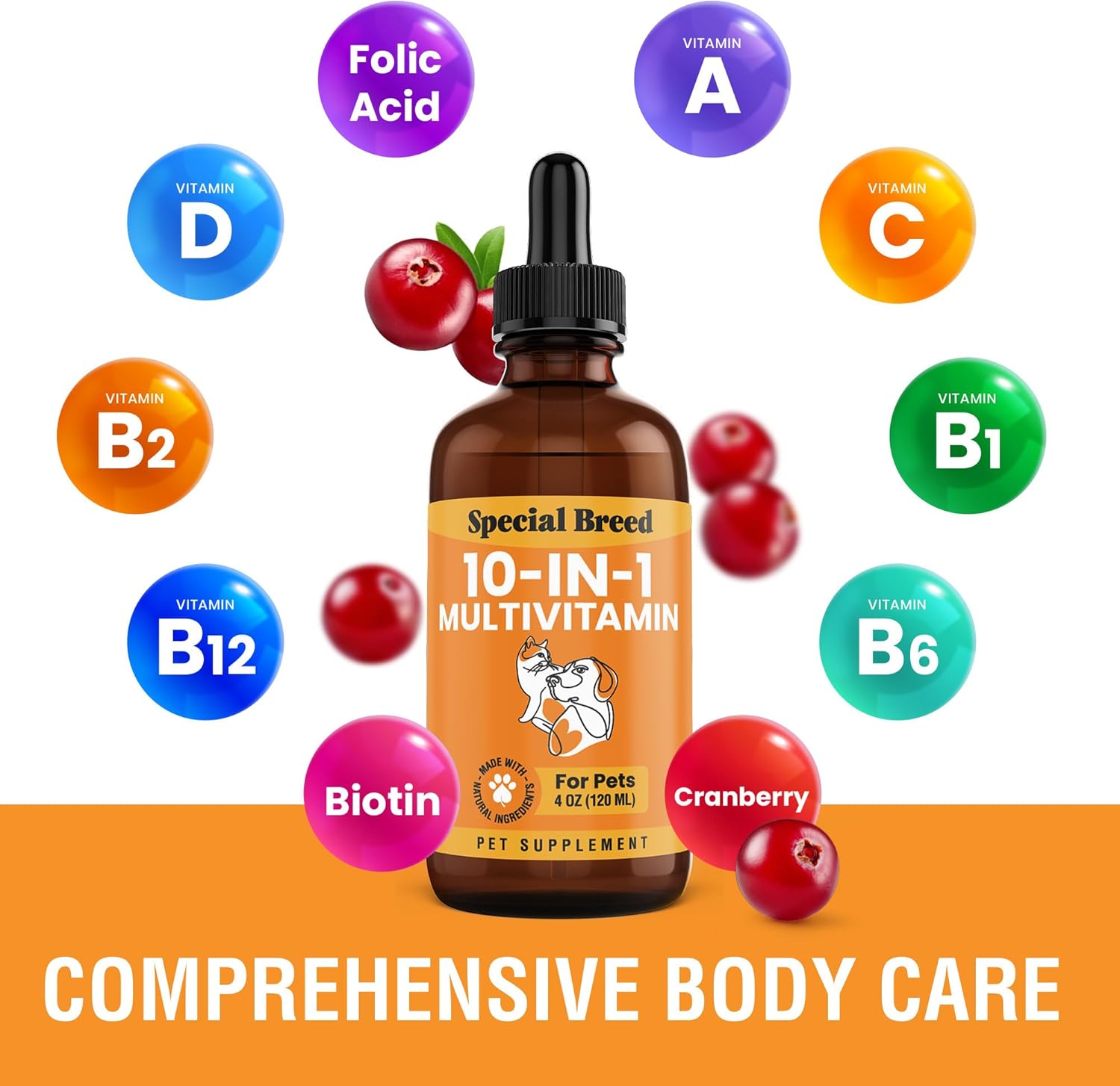10-in-1 Liquid Multivitamin for Dogs and Cats, 4 oz with Glucosamine & Cranberry - Special Breed Multi Vitamin Supplement