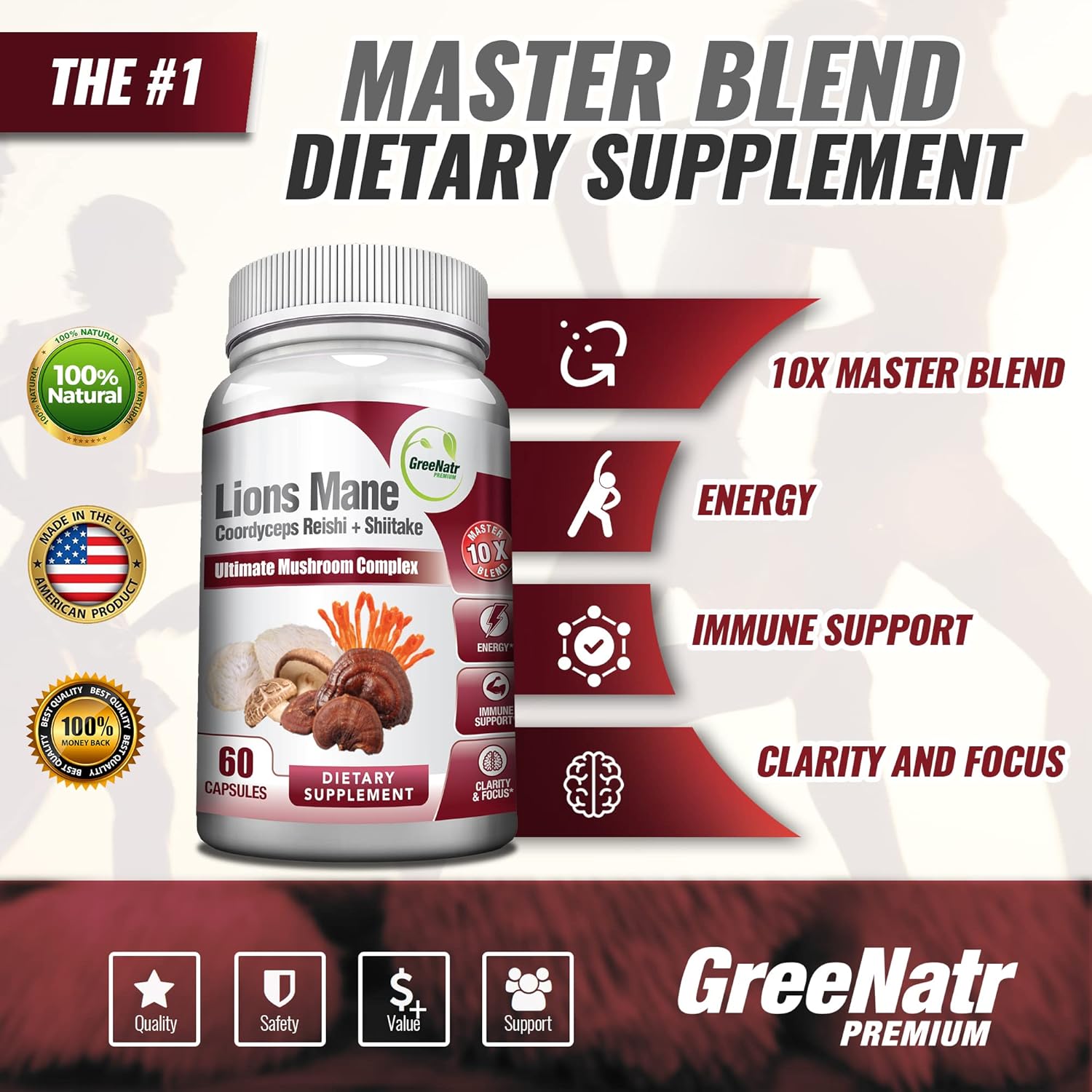 10-in-1 Mushroom Supplement with Lions Mane, Cordyceps, Chaga, Turkey Tail, Ginseng, and Ginkgo Biloba for Energy and Brain Focus