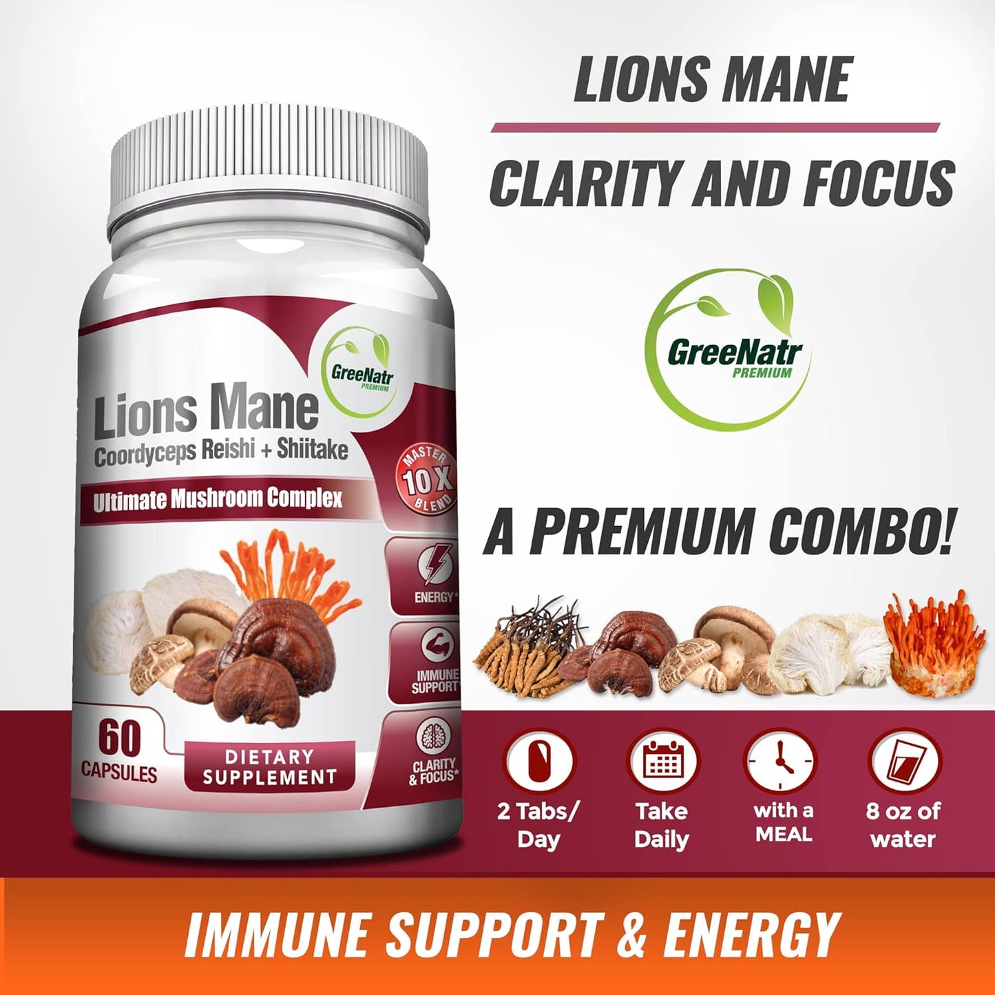 10-in-1 Mushroom Supplement with Lions Mane, Cordyceps, Chaga, Turkey Tail, Ginseng, and Ginkgo Biloba for Energy and Brain Focus