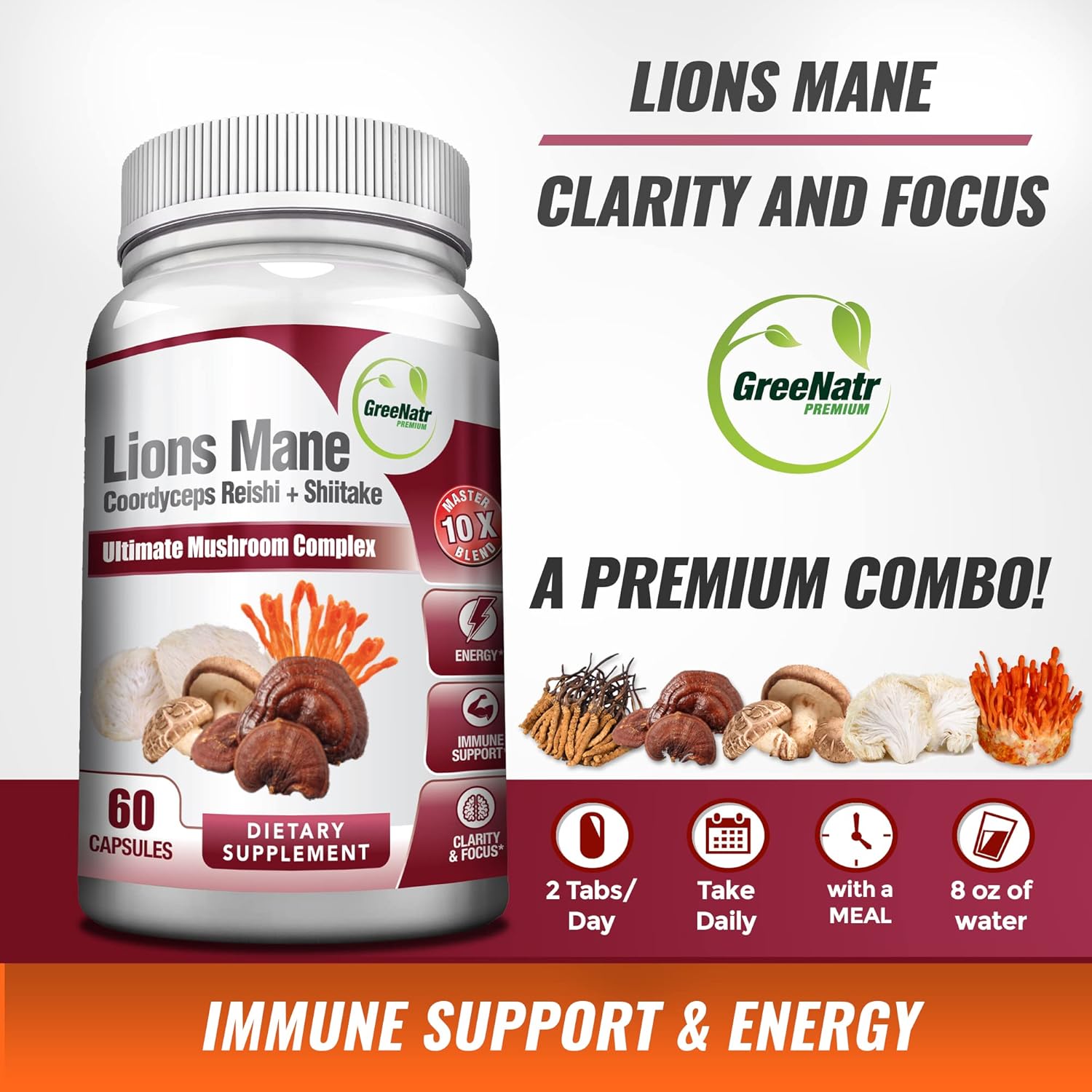 10-in-1 Mushroom Supplement with Lions Mane, Cordyceps, Chaga, Turkey Tail, Ginseng, and Ginkgo Biloba for Energy and Brain Focus