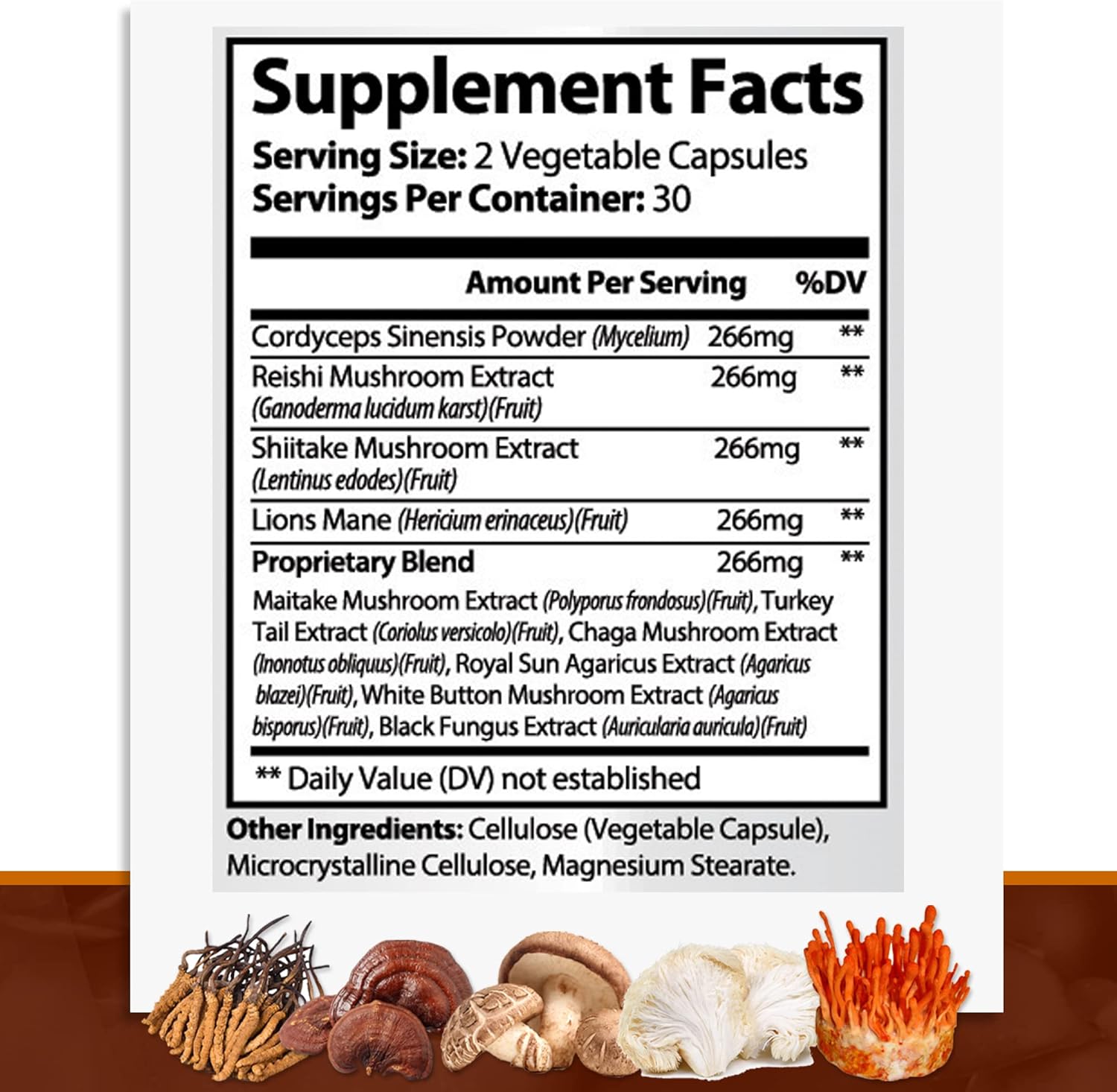 10-in-1 Mushroom Supplement with Lions Mane, Cordyceps, Chaga, Turkey Tail, Ginseng, and Ginkgo Biloba for Energy and Brain Focus
