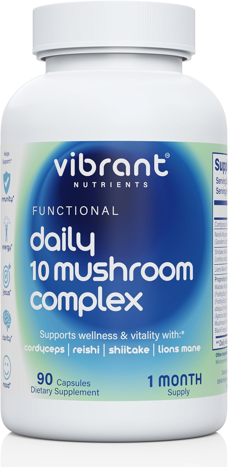10 Mushroom Complex for Immune Support & Nootropic Brain Health - Lions Mane, Reishi, Cordyceps - Natural Energy & Stress Relief - Gluten Free, Non-GMO - 90 Veggie Capsules