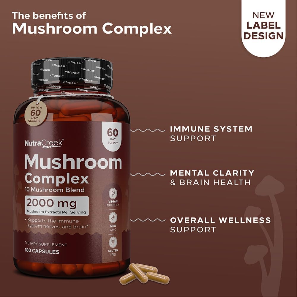 10-Mushroom Complex Supplement for Mind and Body Support | Cordyceps, Reishi, Shiitake, Maitake, Lions Mane | 180 Capsules