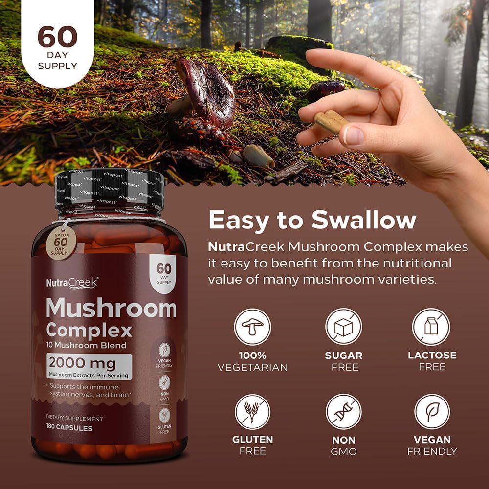 10-Mushroom Complex Supplement for Mind and Body Support | Cordyceps, Reishi, Shiitake, Maitake, Lions Mane | 180 Capsules