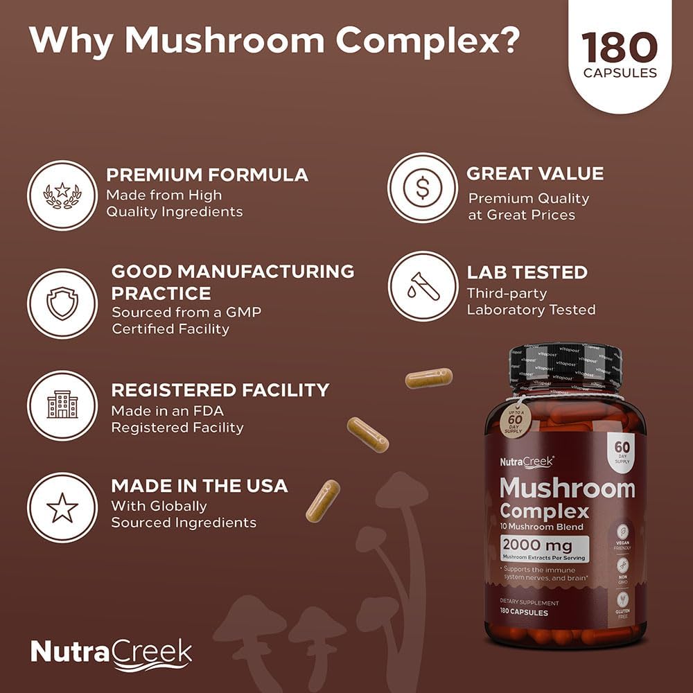10-Mushroom Complex Supplement for Mind and Body Support | Cordyceps, Reishi, Shiitake, Maitake, Lions Mane | 180 Capsules