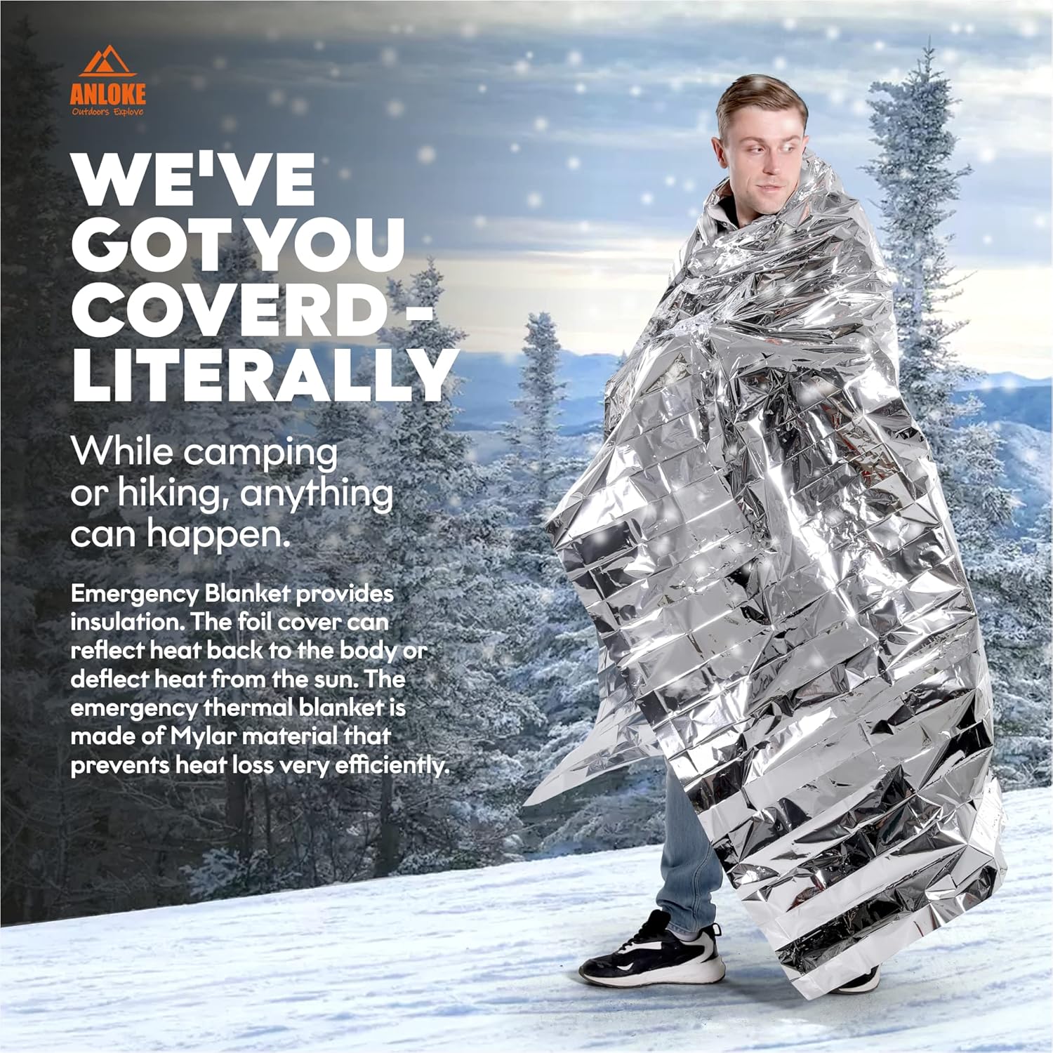 10 Pack of ANLOKE Emergency Blankets - Mylar Thermal Space Blankets for Survival, Camping, and First Aid - 82 x 64 Inches