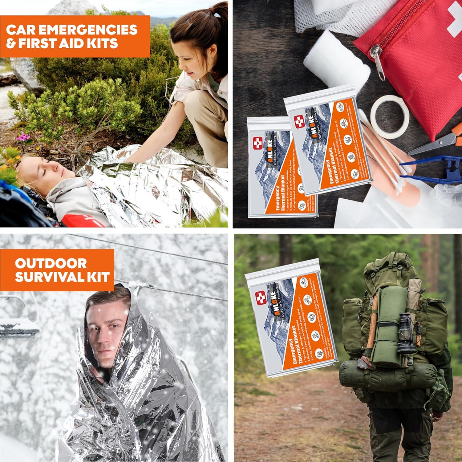 10 Pack of ANLOKE Emergency Blankets - Mylar Thermal Space Blankets for Survival, Camping, and First Aid - 82 x 64 Inches