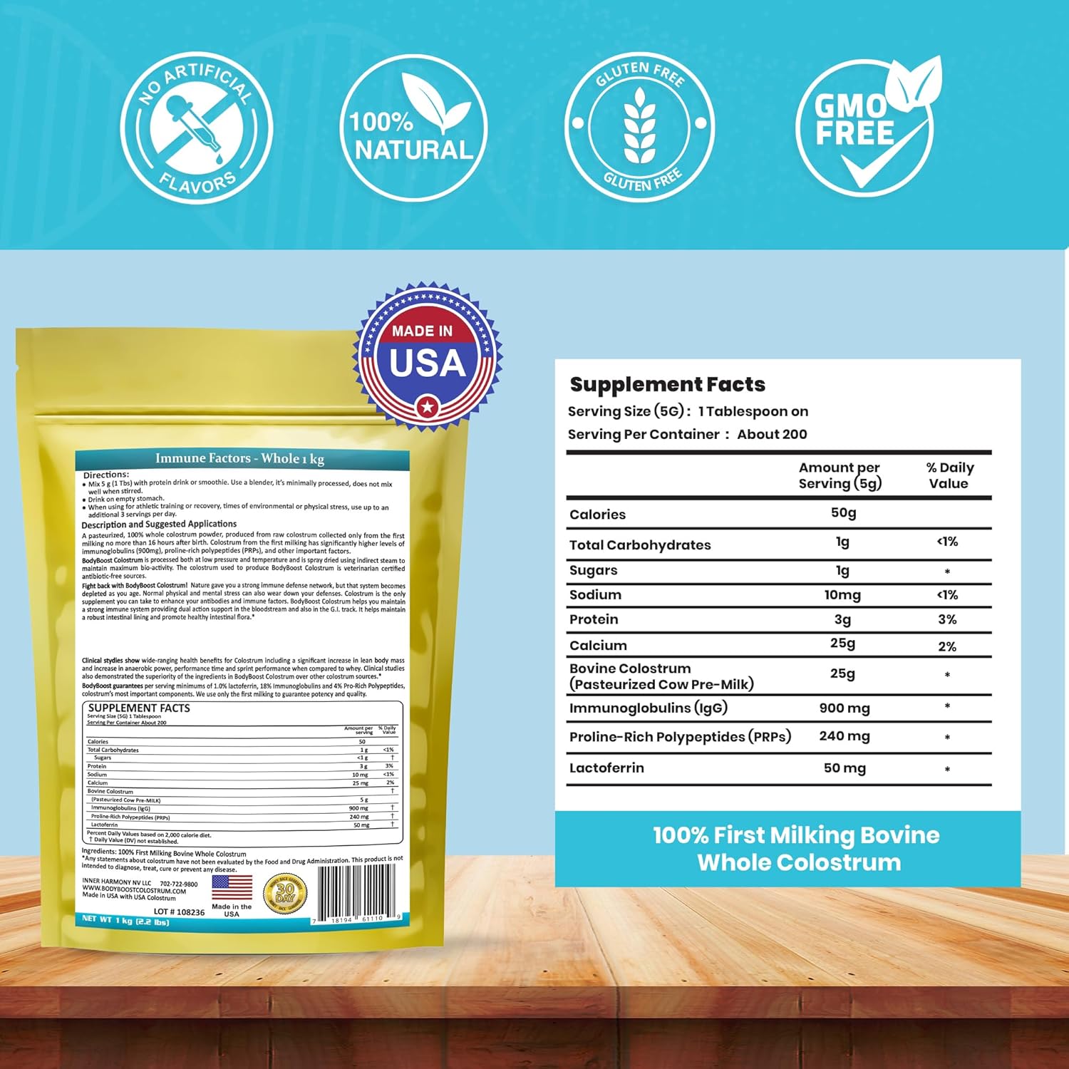 100% Bovine Colostrum Powder - Immune Booster Supplement with Immunoglobulin & Lactoferrin - Grass Fed Colostrum for Gut Health & Muscle Growth - 1kg, 35oz
