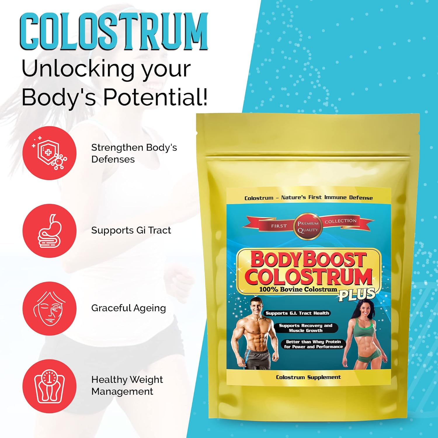 100% Bovine Colostrum Powder - Immune Booster Supplement with Immunoglobulin & Lactoferrin - Grass Fed Colostrum for Gut Health & Muscle Growth - 1kg, 35oz
