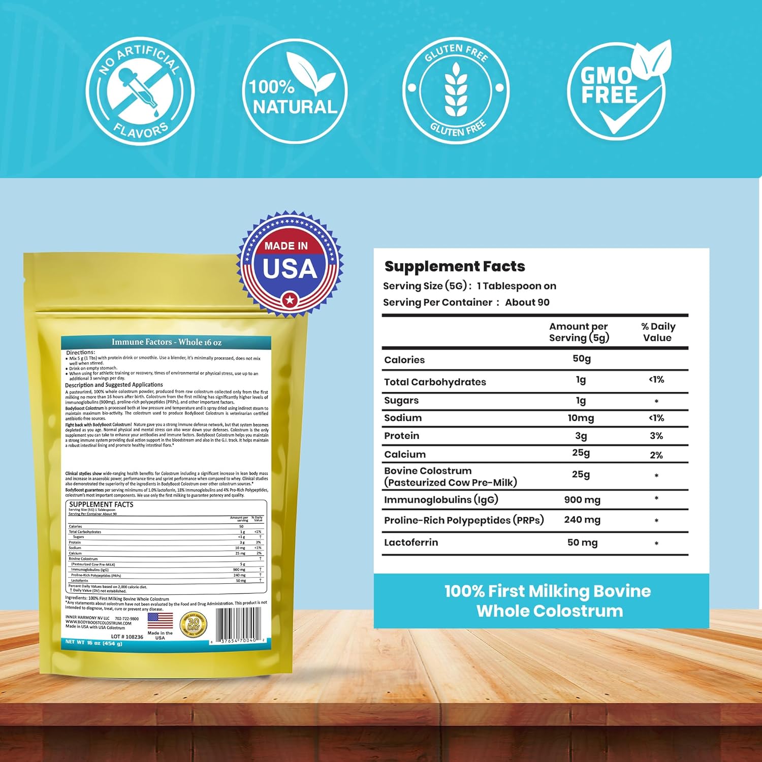 100% Bovine Colostrum Powder, Immune Booster with Immunoglobulin & Lactoferrin - Grass Fed Colostrum for Gut Health - 16 oz