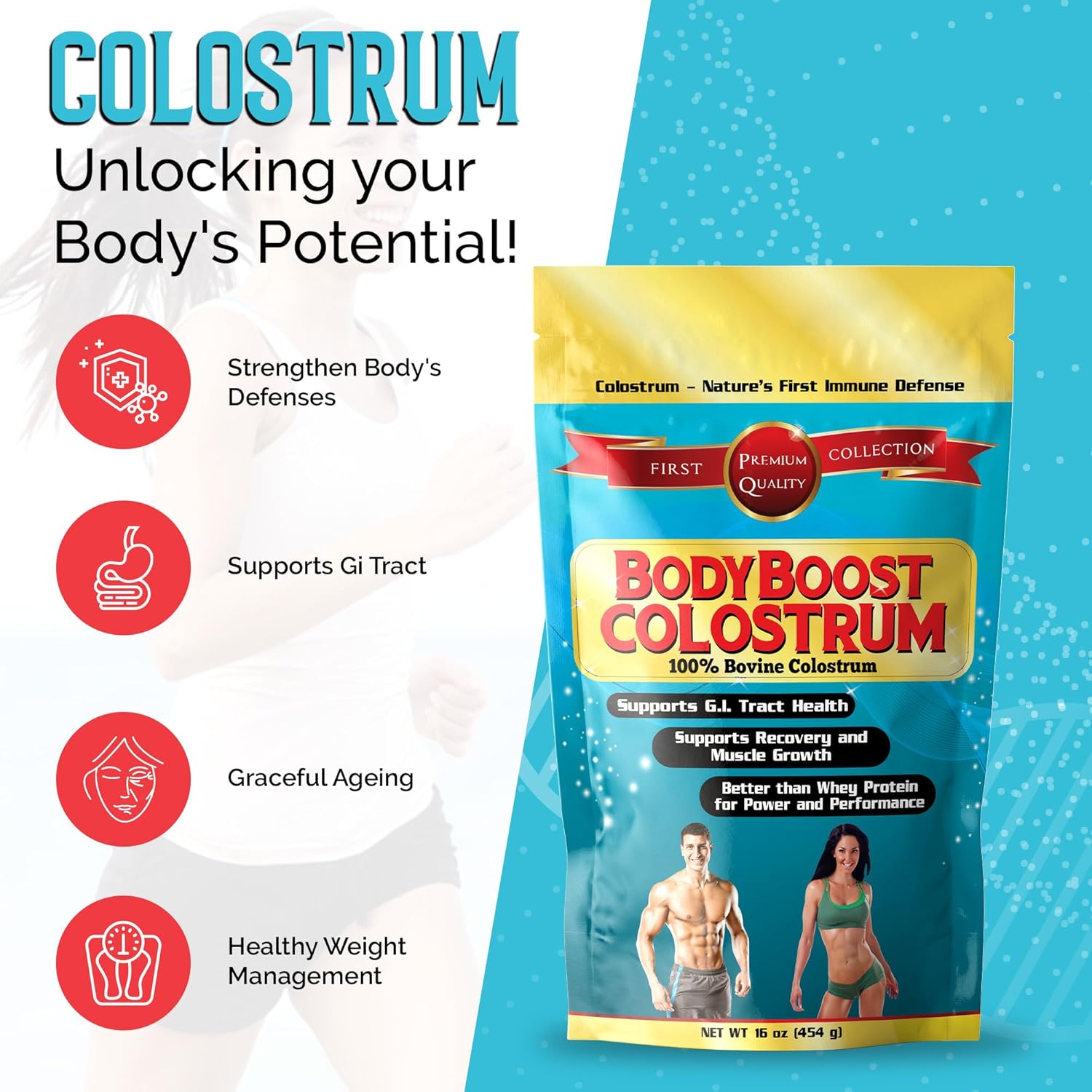 100% Bovine Colostrum Powder, Immune Booster with Immunoglobulin & Lactoferrin - Grass Fed Colostrum for Gut Health - 16 oz