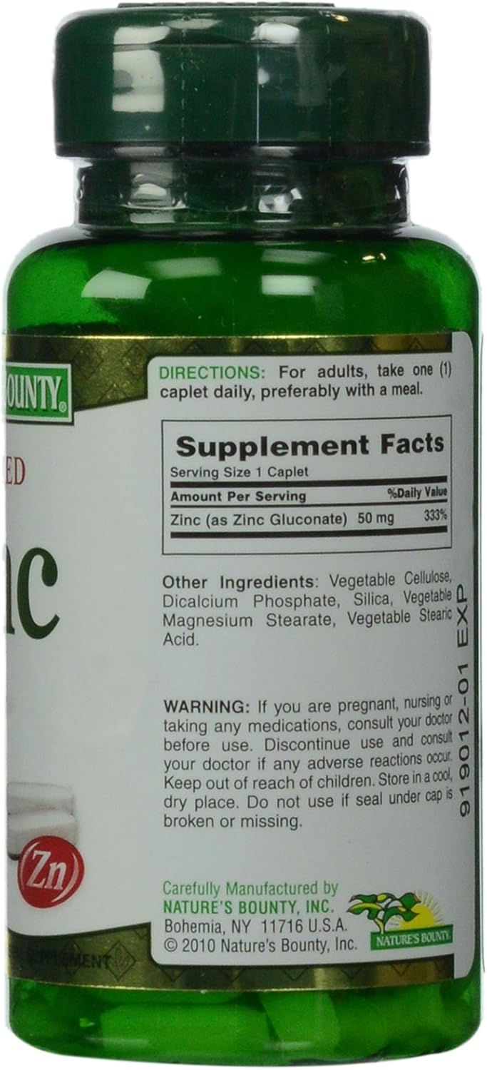 100 Caplets of Nature's Bounty Zinc Gluconate (50 mg) Supplement for Immune Support