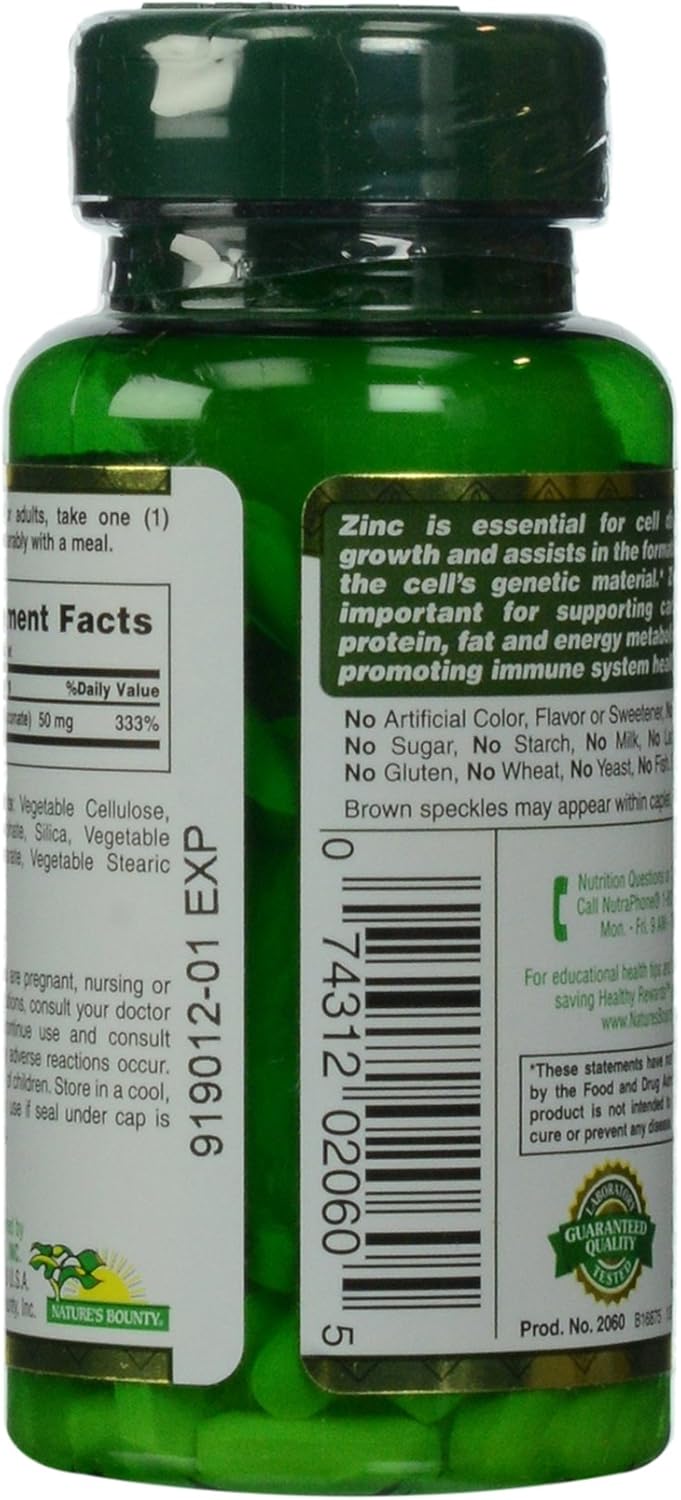 100 Caplets of Nature's Bounty Zinc Gluconate (50 mg) Supplement for Immune Support