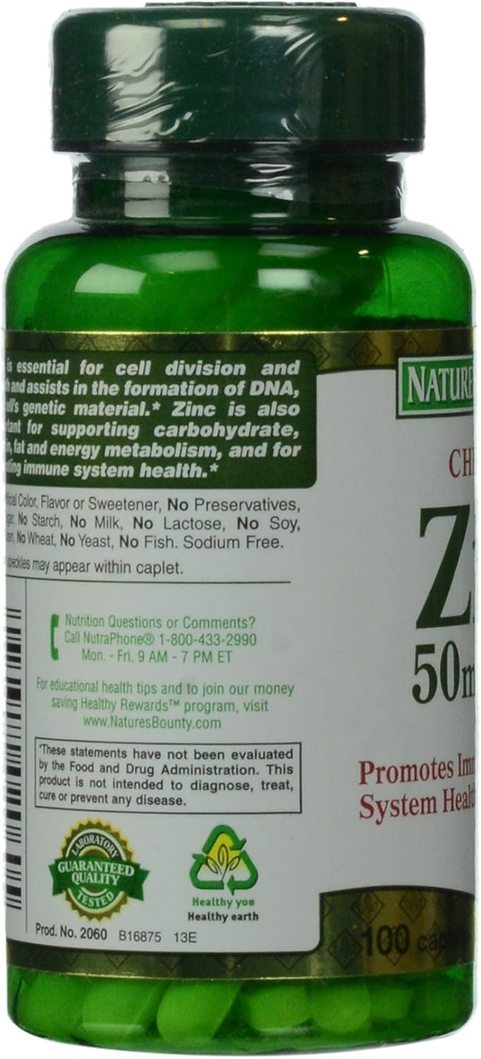 100 Caplets of Nature's Bounty Zinc Gluconate (50 mg) Supplement for Immune Support