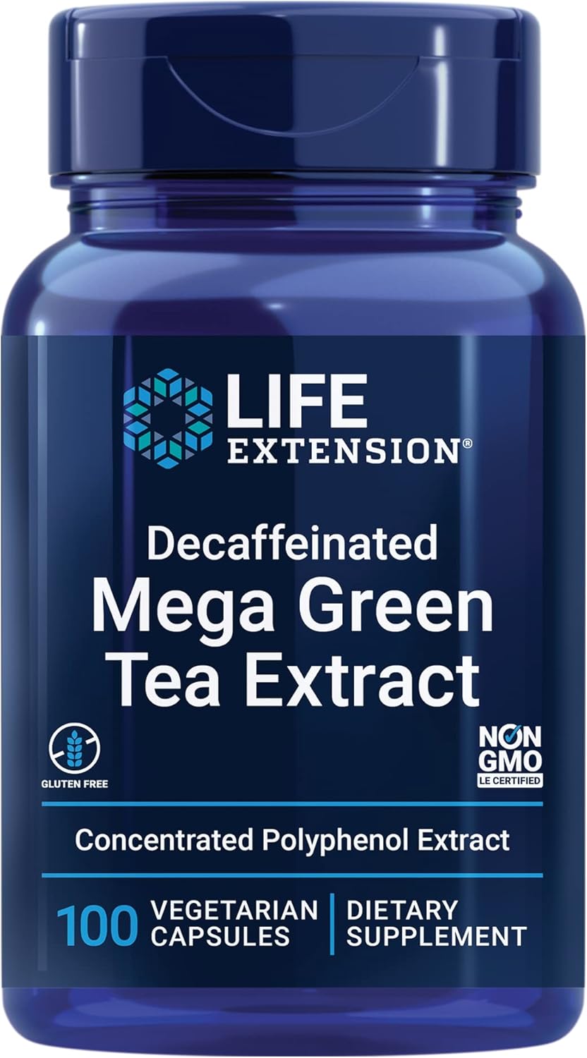 100 Capsules Life Extension Decaffeinated Mega Green Tea Extract - Rich in Polyphenols for Cell, Heart, and Brain Health - Powerful Antioxidant Protection - Non-GMO, Gluten-Free, Vegetarian