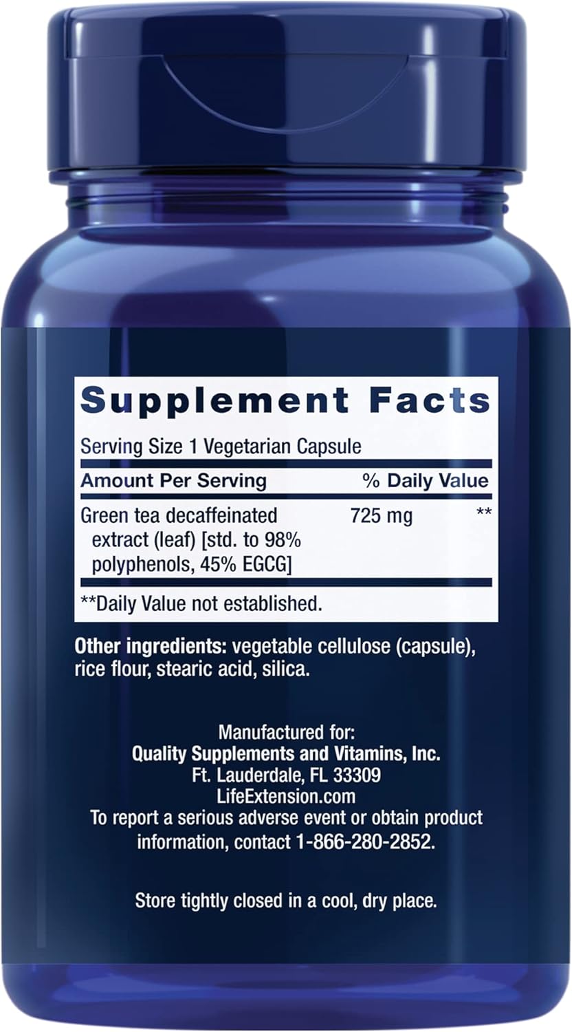 100 Capsules Life Extension Decaffeinated Mega Green Tea Extract - Rich in Polyphenols for Cell, Heart, and Brain Health - Powerful Antioxidant Protection - Non-GMO, Gluten-Free, Vegetarian
