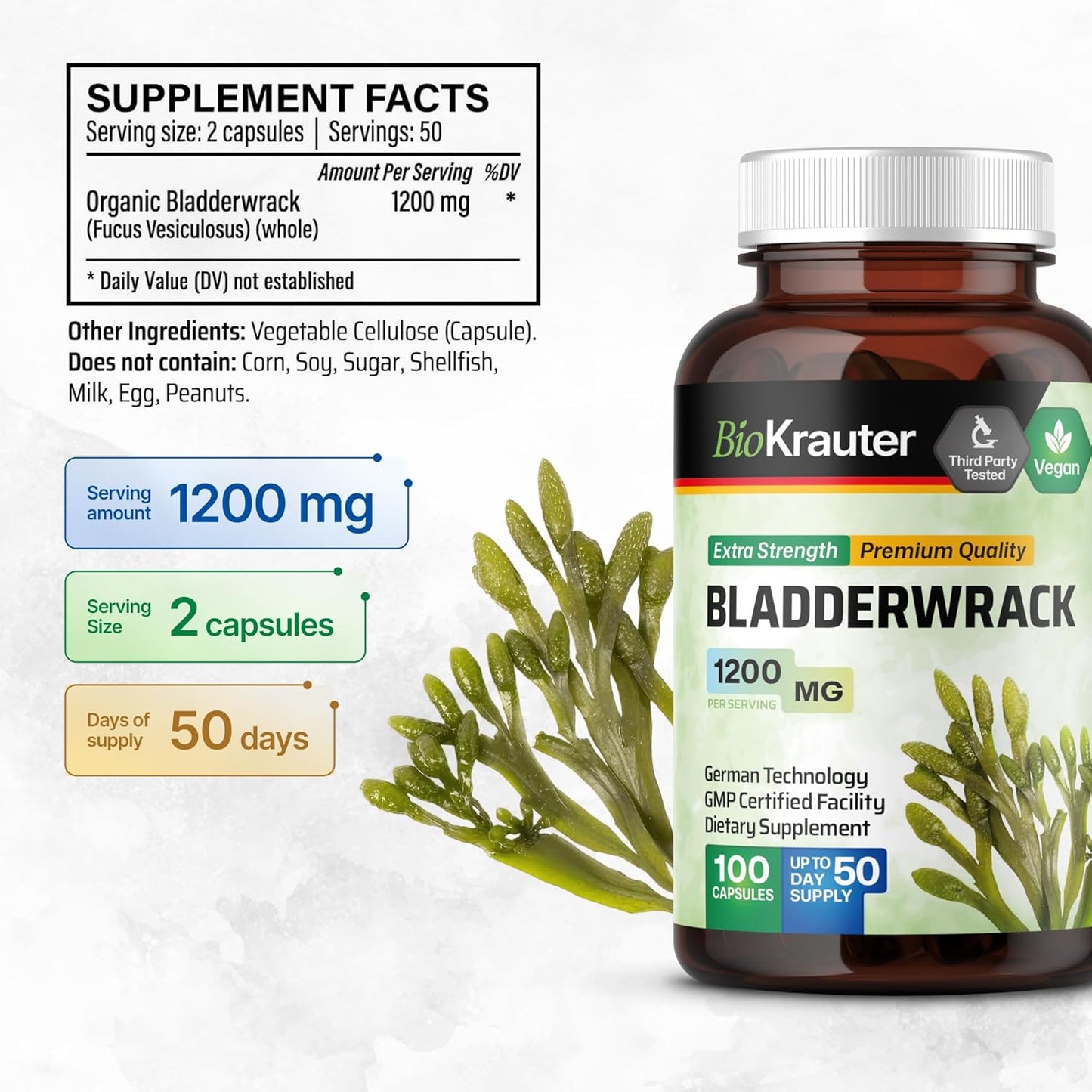 100 Capsules of BIO KRAUTER Goldenseal and Bladderwrack Supplement for Immune Support