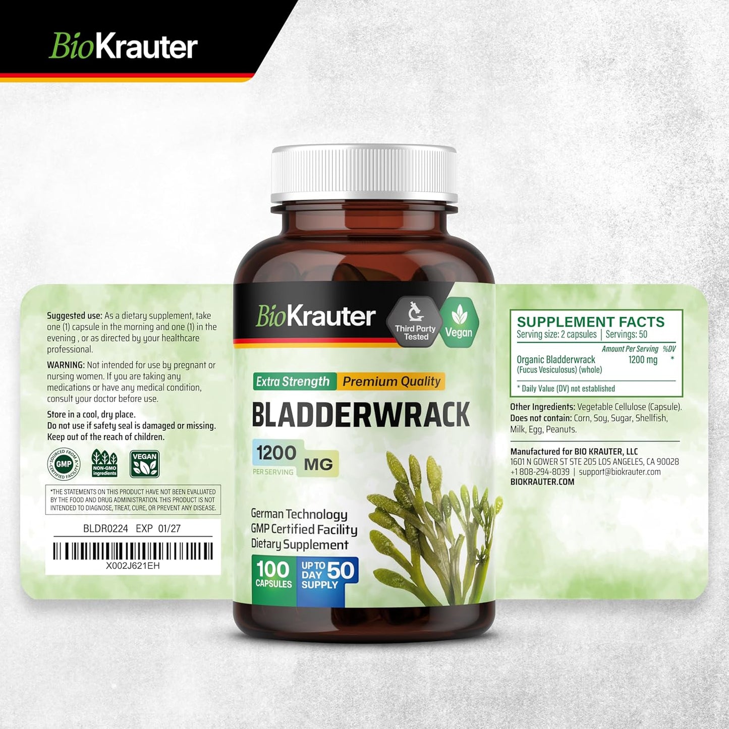 100 Capsules of BIO KRAUTER Goldenseal and Bladderwrack Supplement for Immune Support