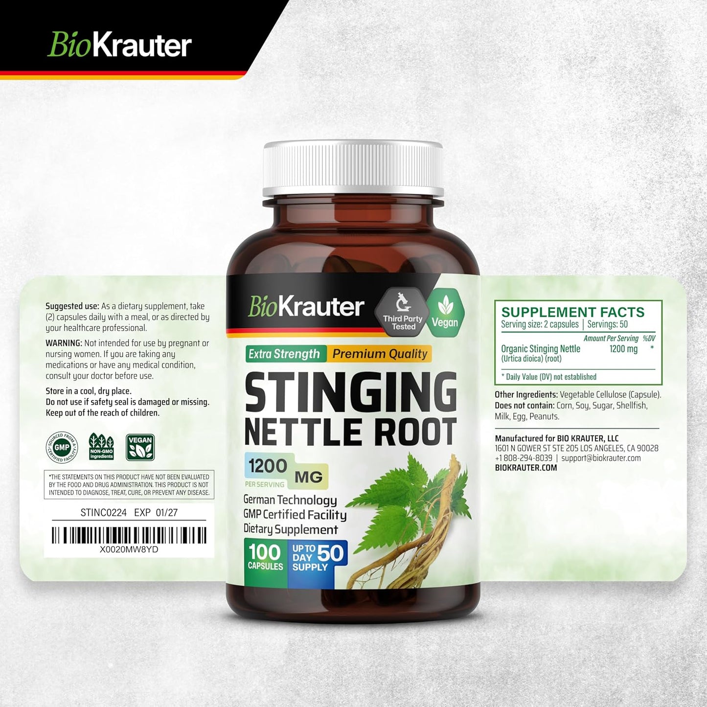 100 Capsules of BIO KRAUTER Horsetail and Stinging Nettle for Natural Wellness