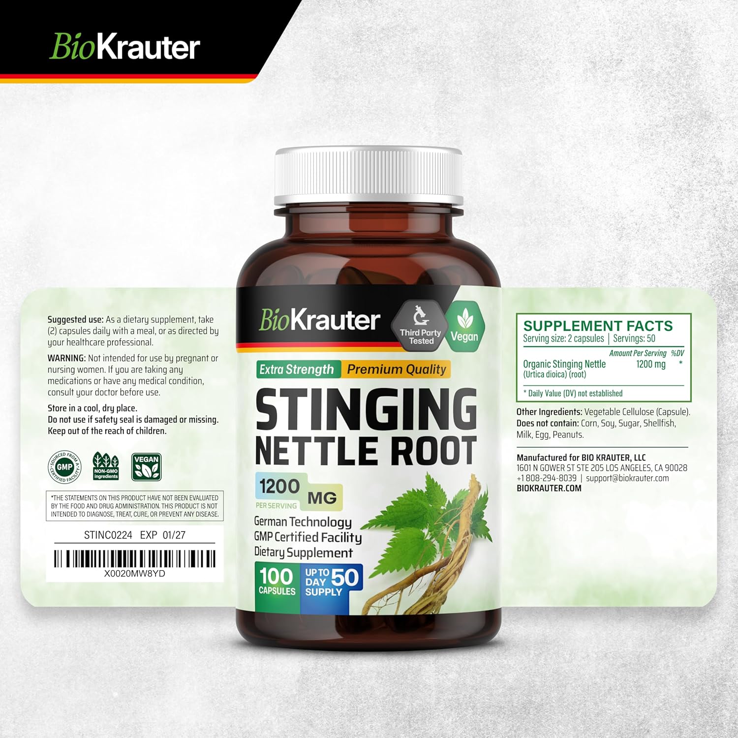 100 Capsules of BIO KRAUTER Horsetail and Stinging Nettle for Natural Wellness