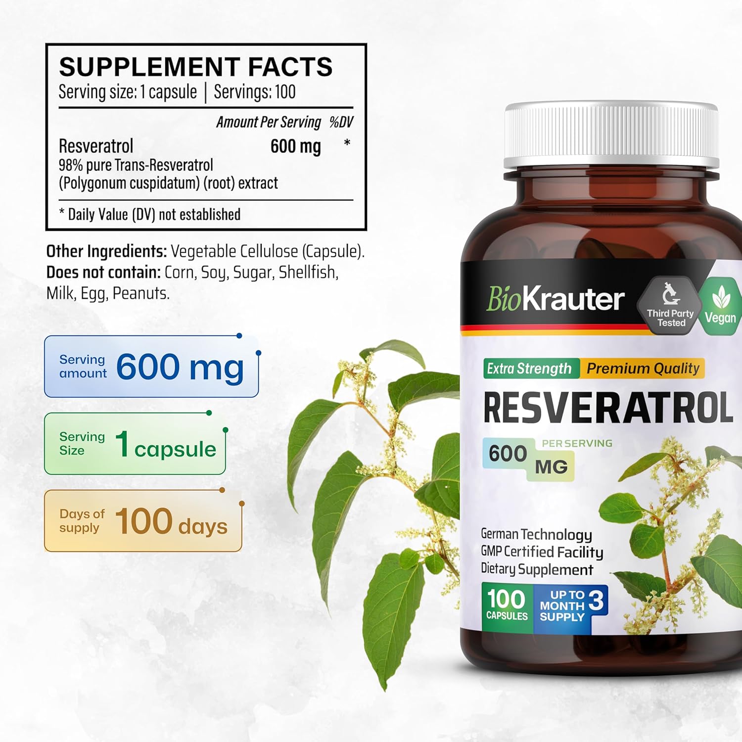 100 Capsules of BIO KRAUTER Resveratrol and Goldenseal for Immune Support and Antioxidant Benefits