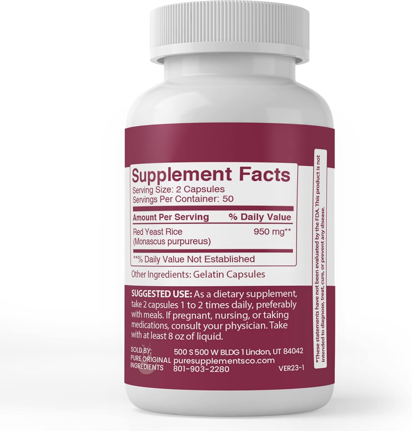 100 Capsules of Lab Verified Red Yeast Rice Extract - Pure Original Ingredients with No Additives or Fillers