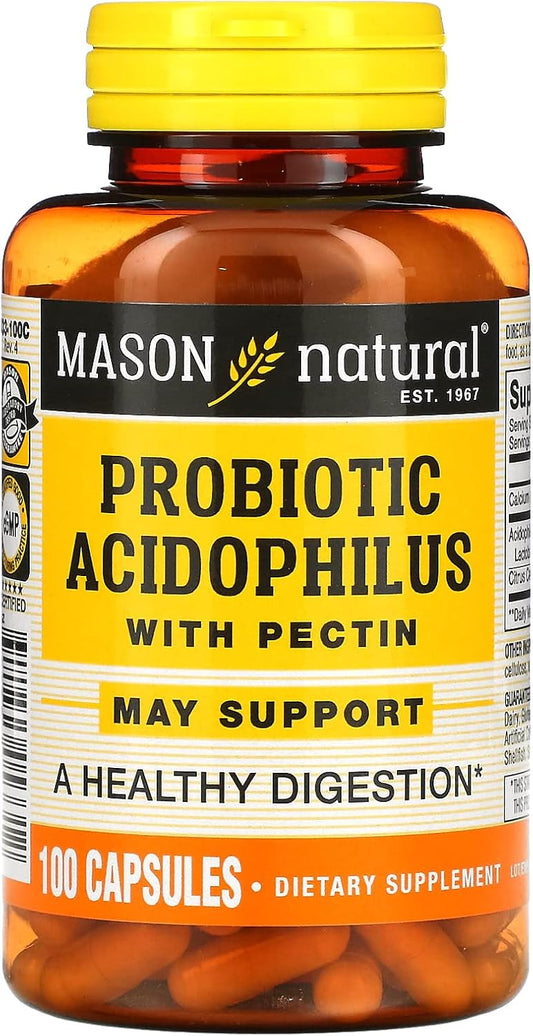 100 Capsules of Mason Natural Probiotic Acidophilus with Pectin for Gut Health and Digestive Support
