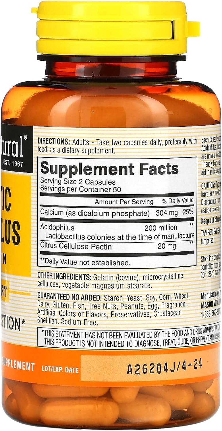 100 Capsules of Mason Natural Probiotic Acidophilus with Pectin for Gut Health and Digestive Support