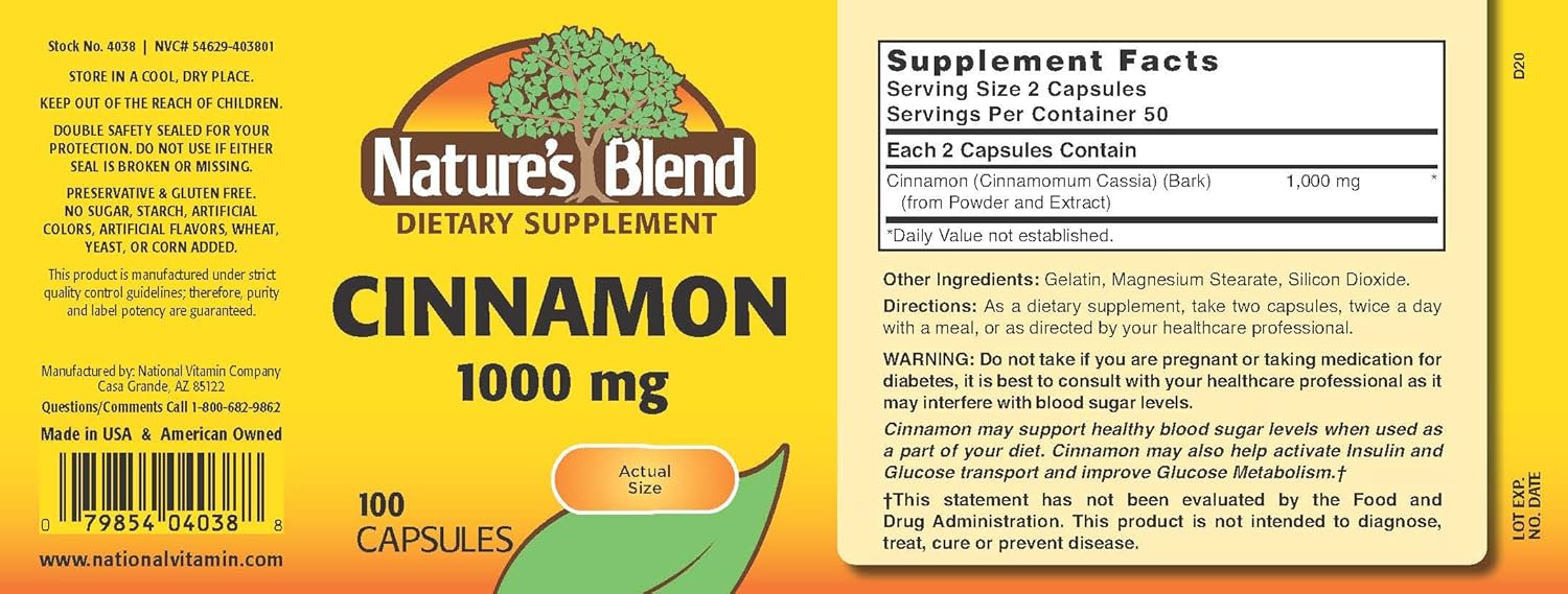 100 Capsules of Nature's Blend Cinnamon 1,000 mg - Natural Support for Overall Wellness
