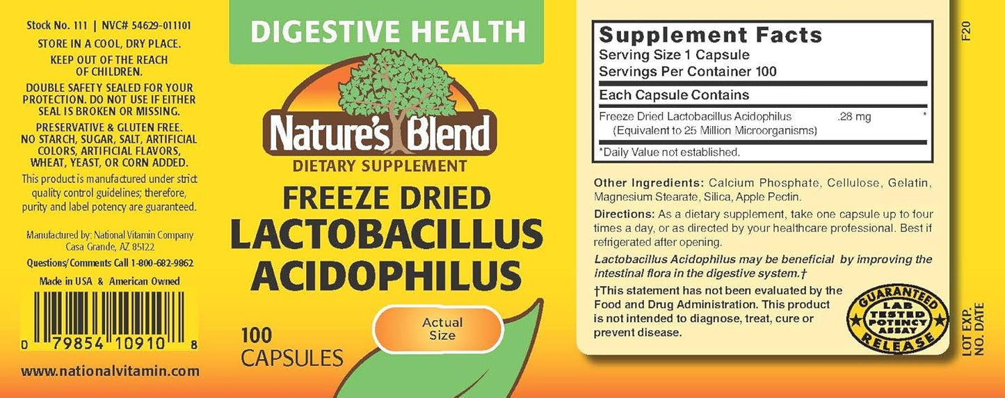 100 Capsules of Nature's Blend Freeze Dried Lactobacillus Acidophilus for Gut Health