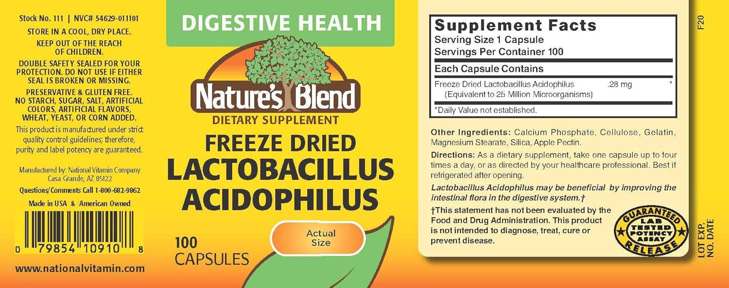 100 Capsules of Nature's Blend Freeze Dried Lactobacillus Acidophilus for Gut Health