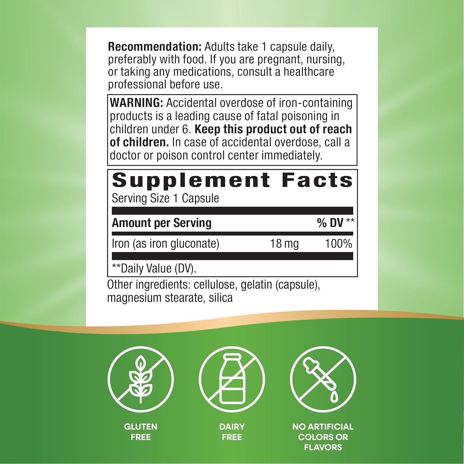 100 Capsules of Nature's Way Iron Supplement - 18mg Per Serving for Healthy Red Blood Cells