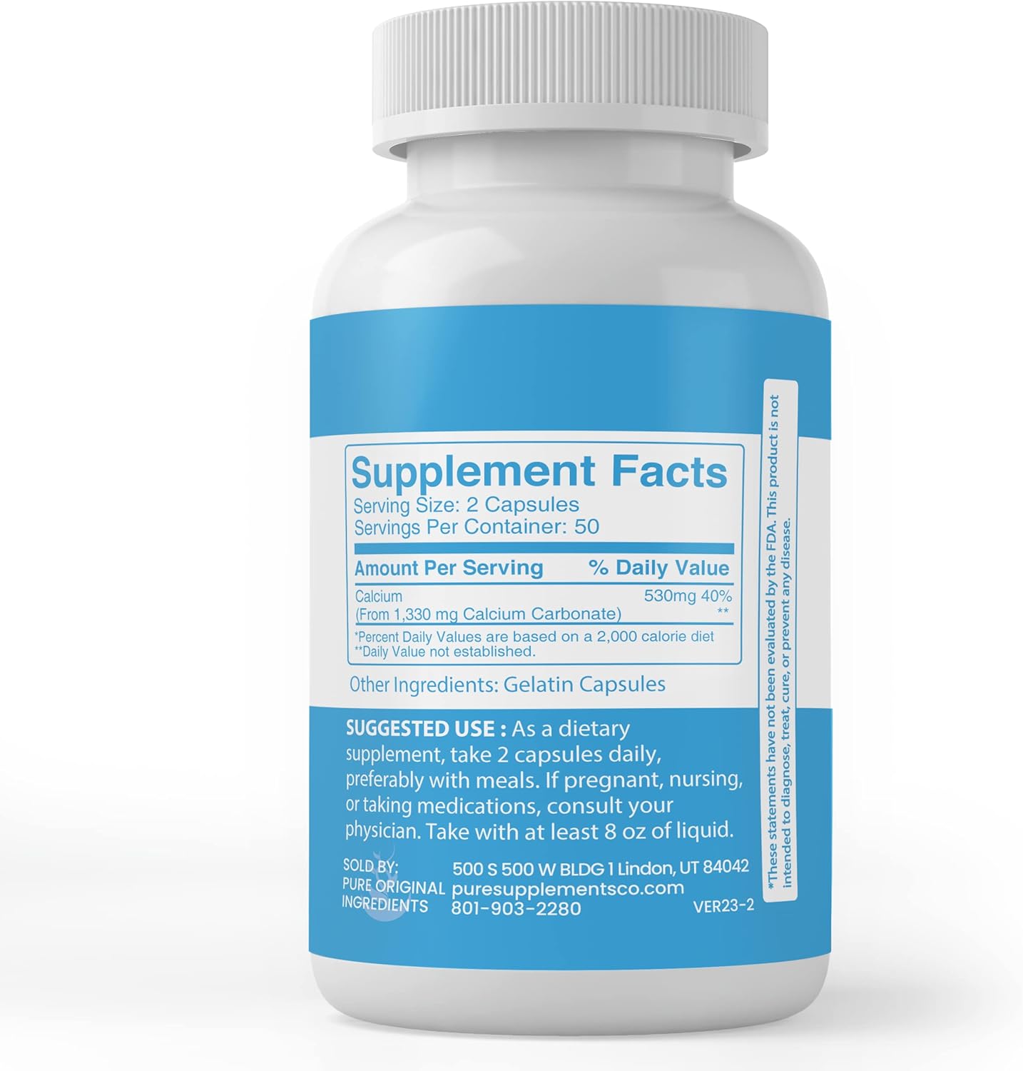 100 Capsules of Pure Calcium Carbonate with Original Ingredients - Lab Verified, No Additives or Fillers Included
