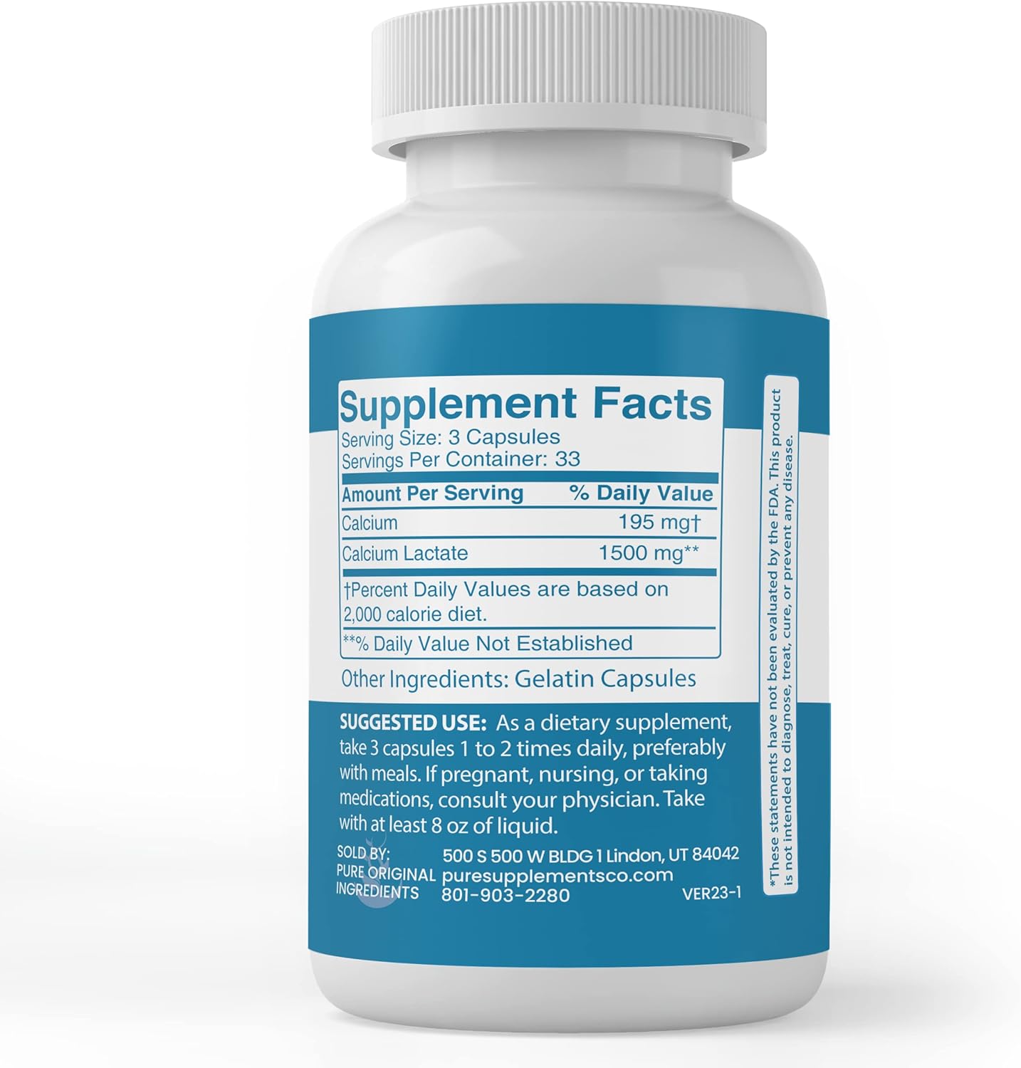 100 Capsules of Pure Calcium Lactate - No Additives, Lab Verified