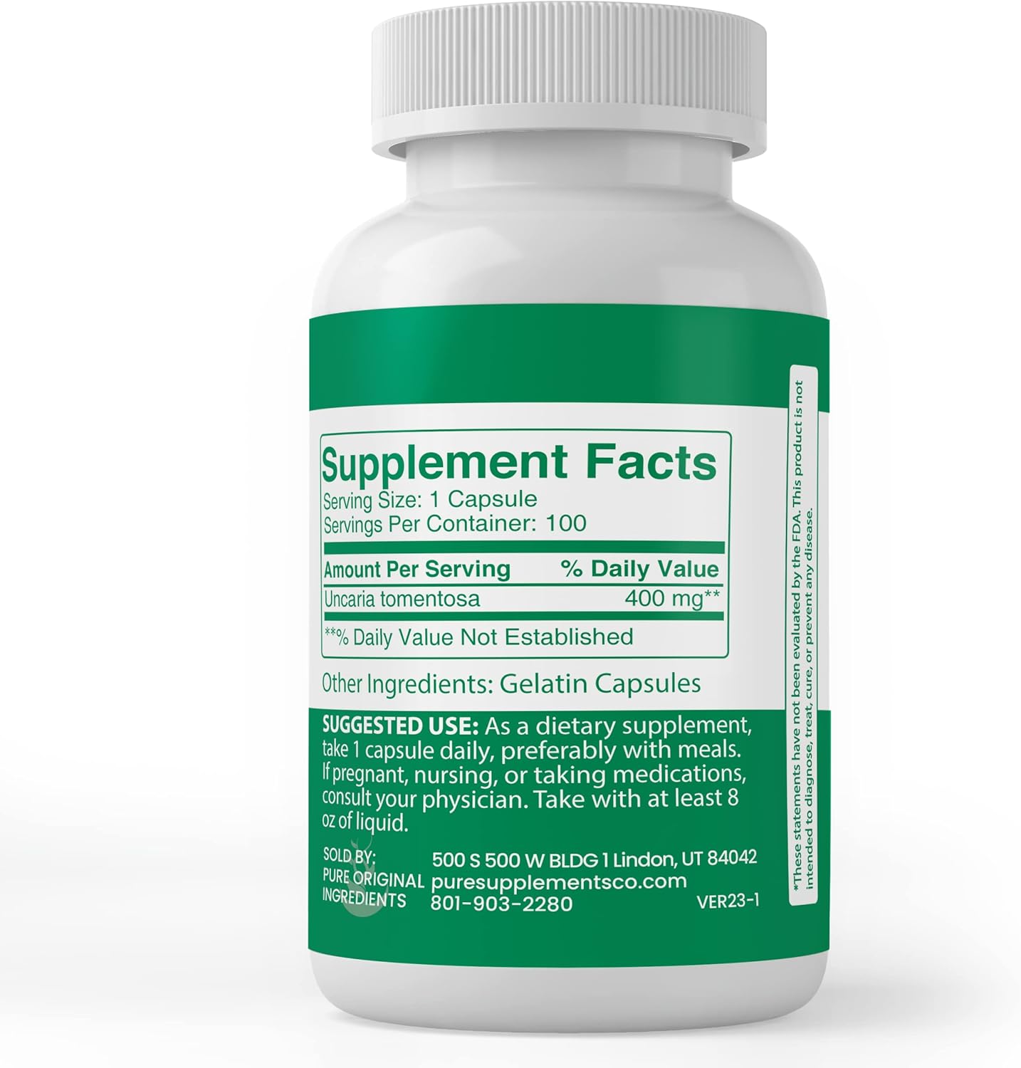 100 Capsules of Pure Cat's Claw Bark Extract - Lab Verified, No Additives or Fillers