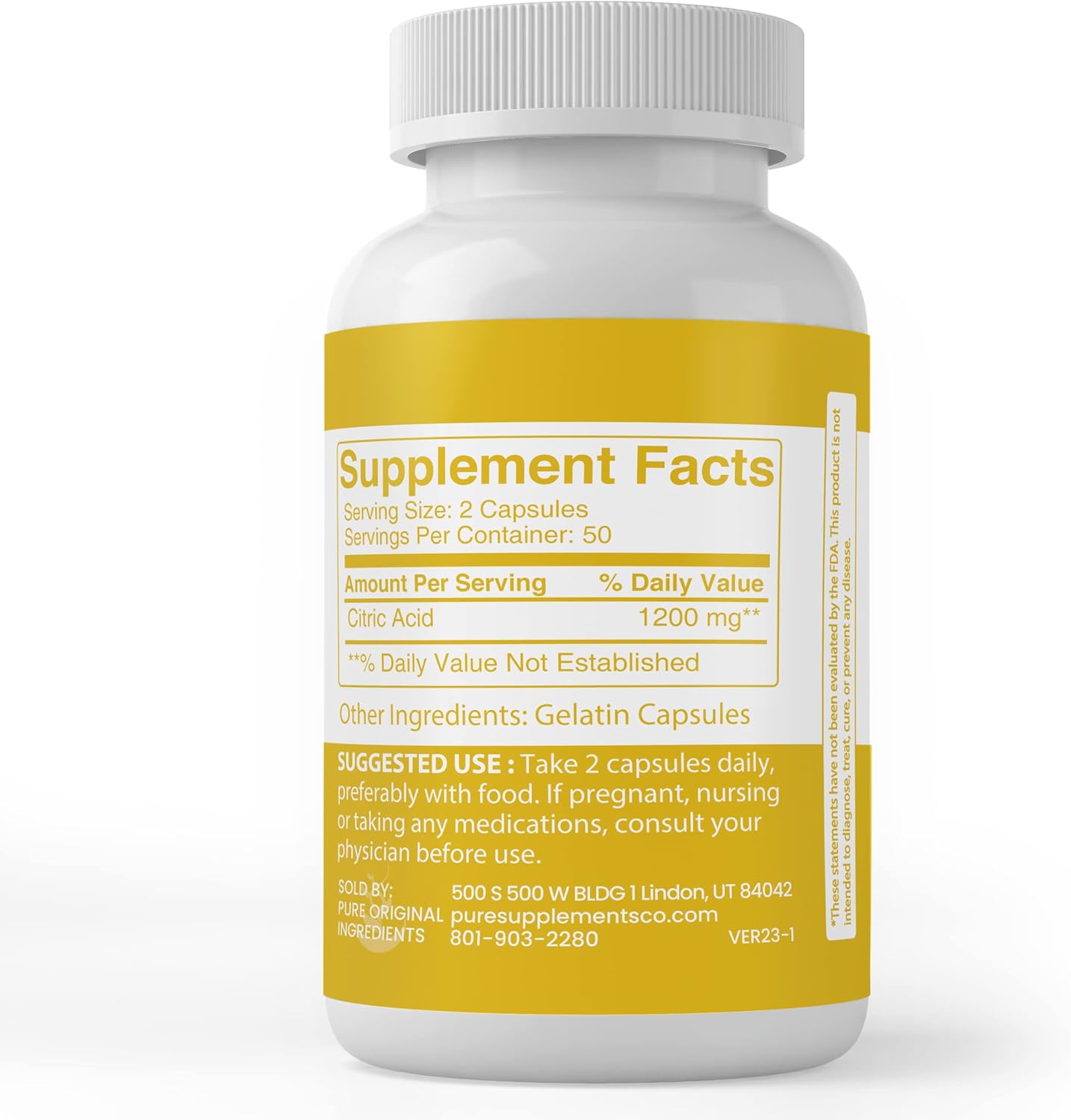 100 Capsules of Pure Citric Acid - Original Ingredients, Lab Verified, No Additives or Fillers