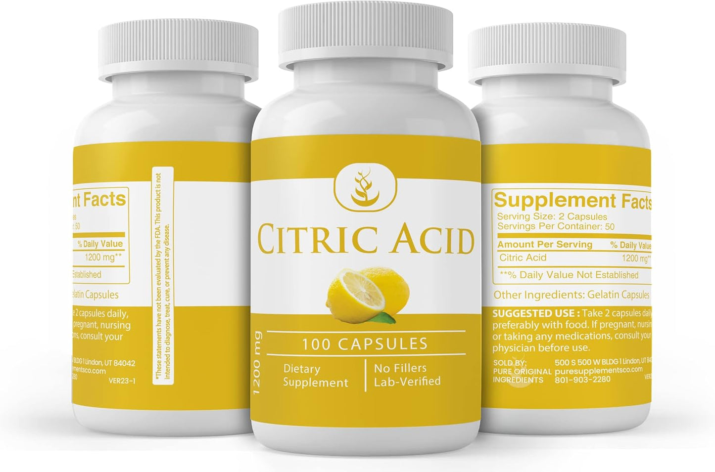 100 Capsules of Pure Citric Acid - Original Ingredients, Lab Verified, No Additives or Fillers