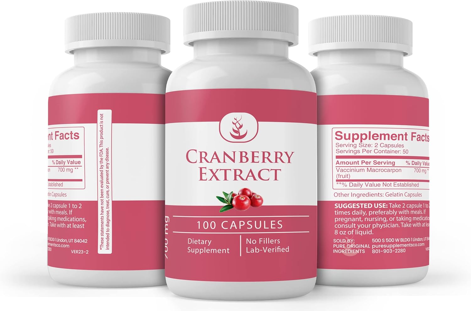 100 Capsules of Pure Cranberry Extract - Lab Verified, No Additives or Fillers