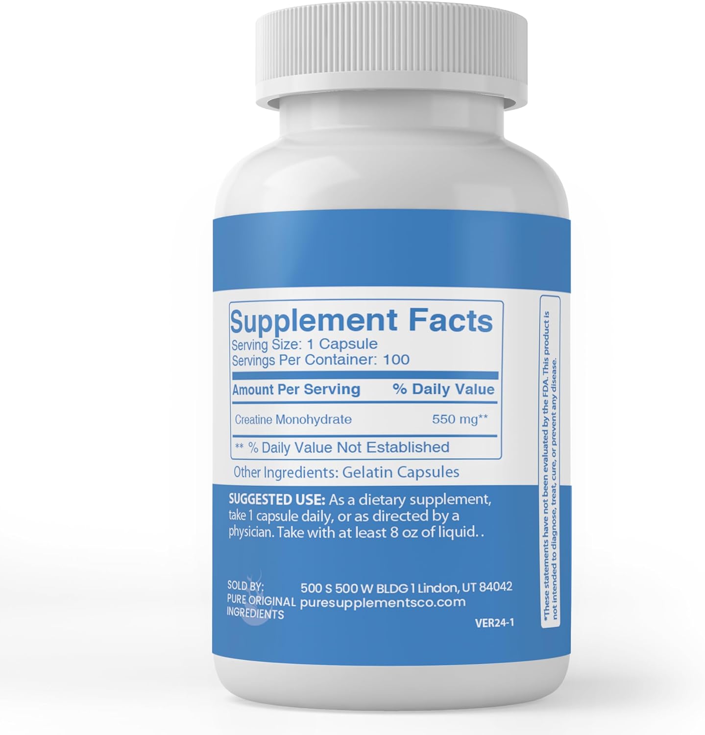 100 Capsules of Pure Creatine Monohydrate - No Additives, Lab Verified Formula