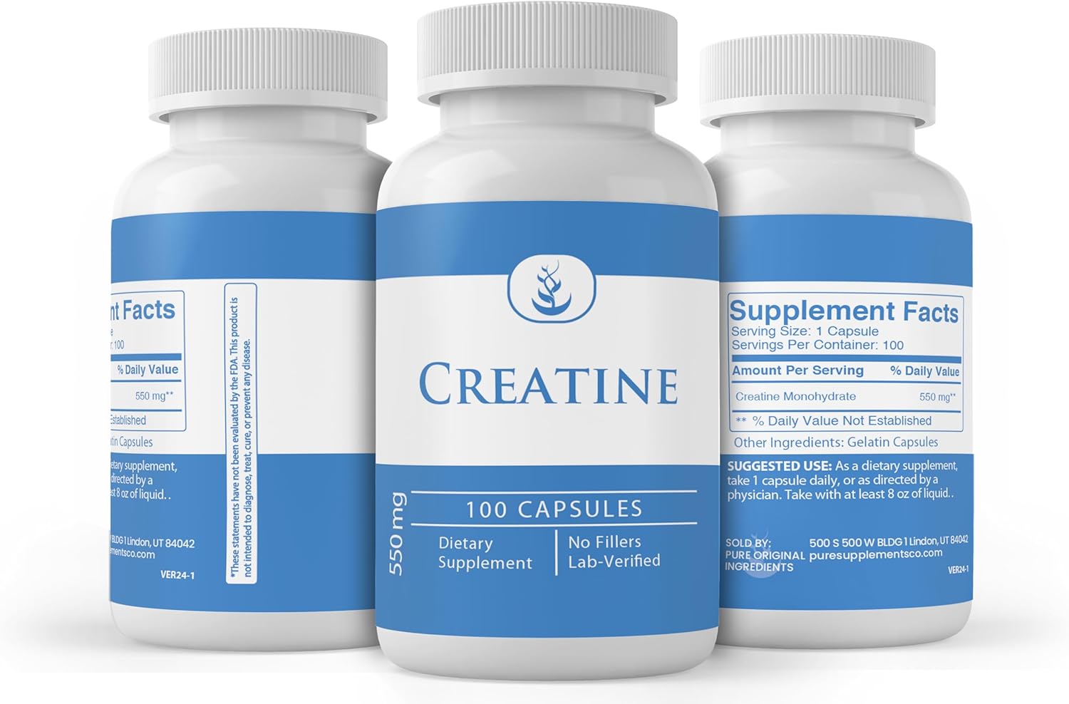 100 Capsules of Pure Creatine Monohydrate - No Additives, Lab Verified Formula