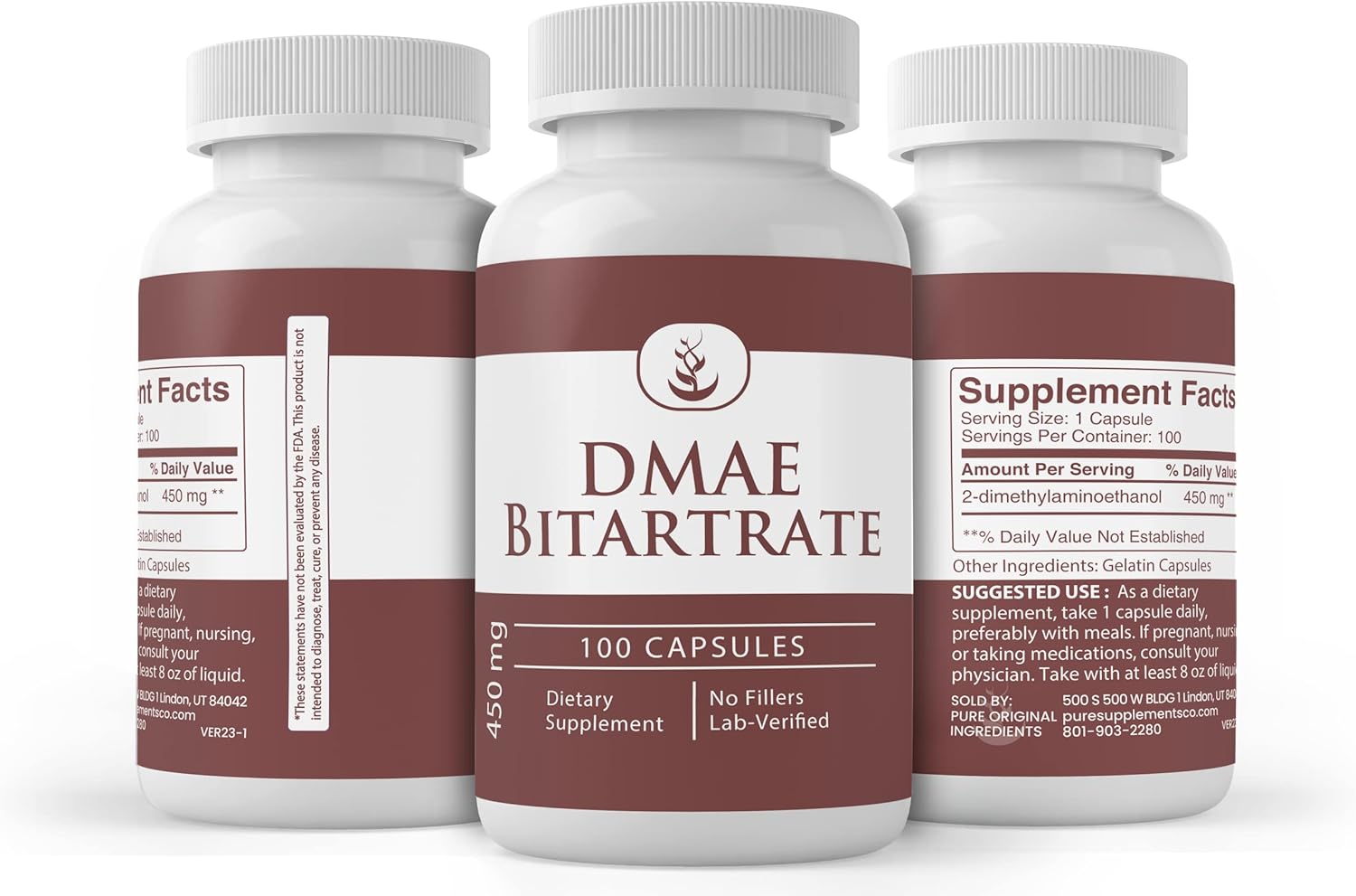 100 Capsules of Pure DMAE Bitartrate - Original Ingredients, Lab Verified, No Additives or Fillers