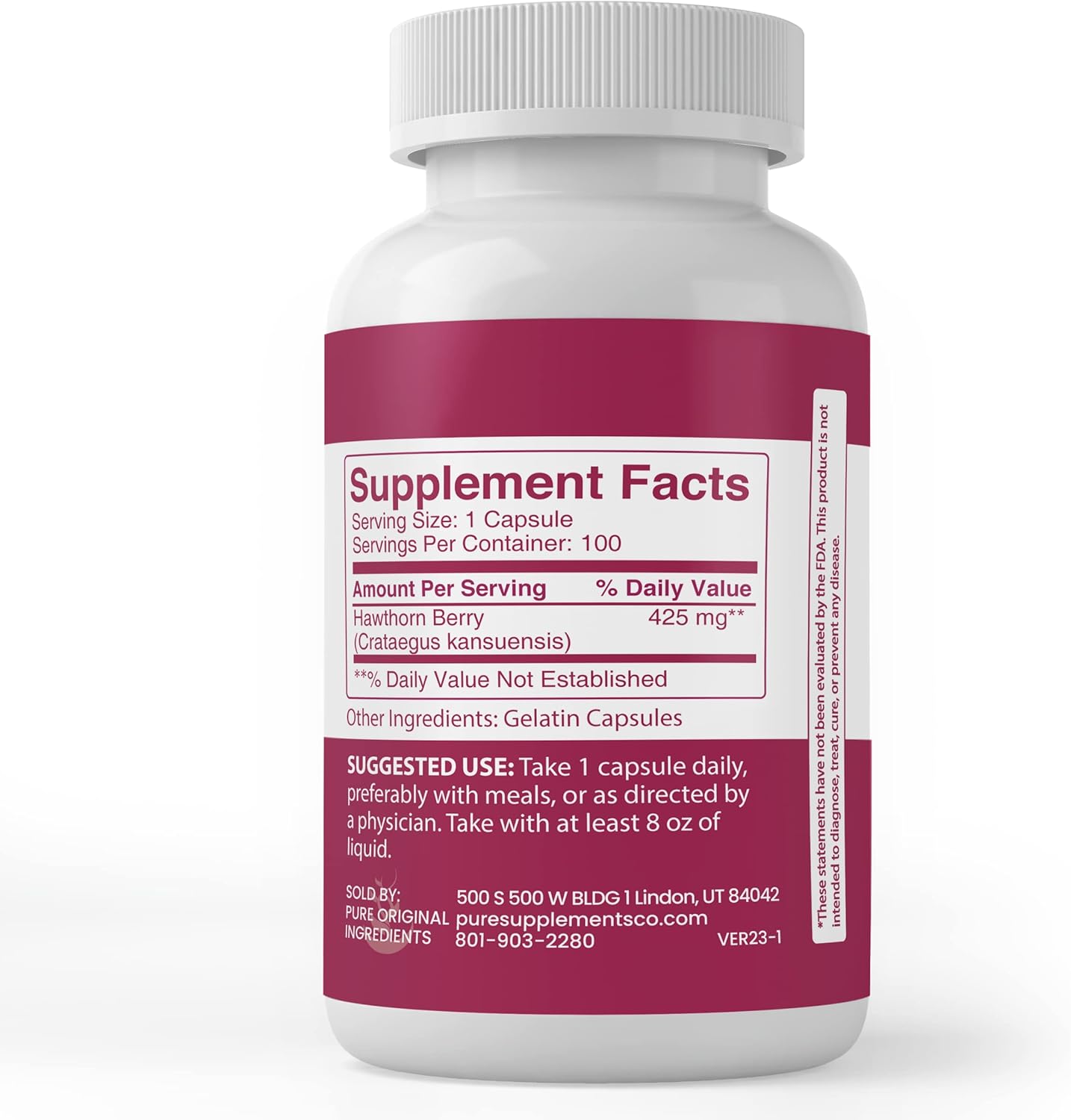 100 Capsules of Pure Hawthorn Berry - Lab Verified, No Additives or Fillers - Always Original Ingredients