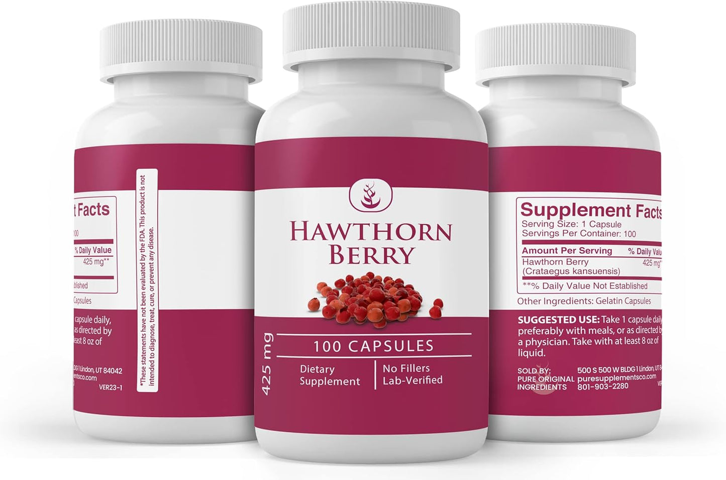 100 Capsules of Pure Hawthorn Berry - Lab Verified, No Additives or Fillers - Always Original Ingredients