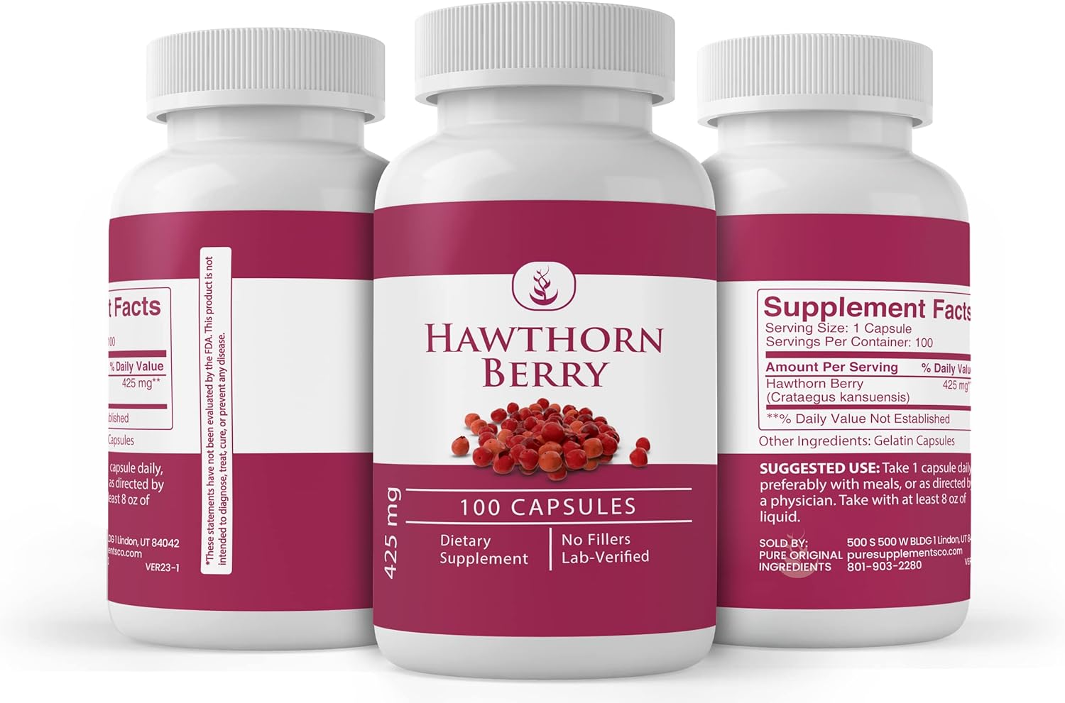 100 Capsules of Pure Hawthorn Berry - Lab Verified, No Additives or Fillers - Always Original Ingredients