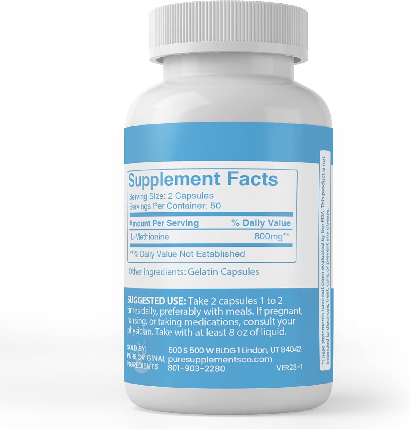 100 Capsules of Pure L-Methionine with Original Ingredients - Lab Verified, No Additives or Fillers