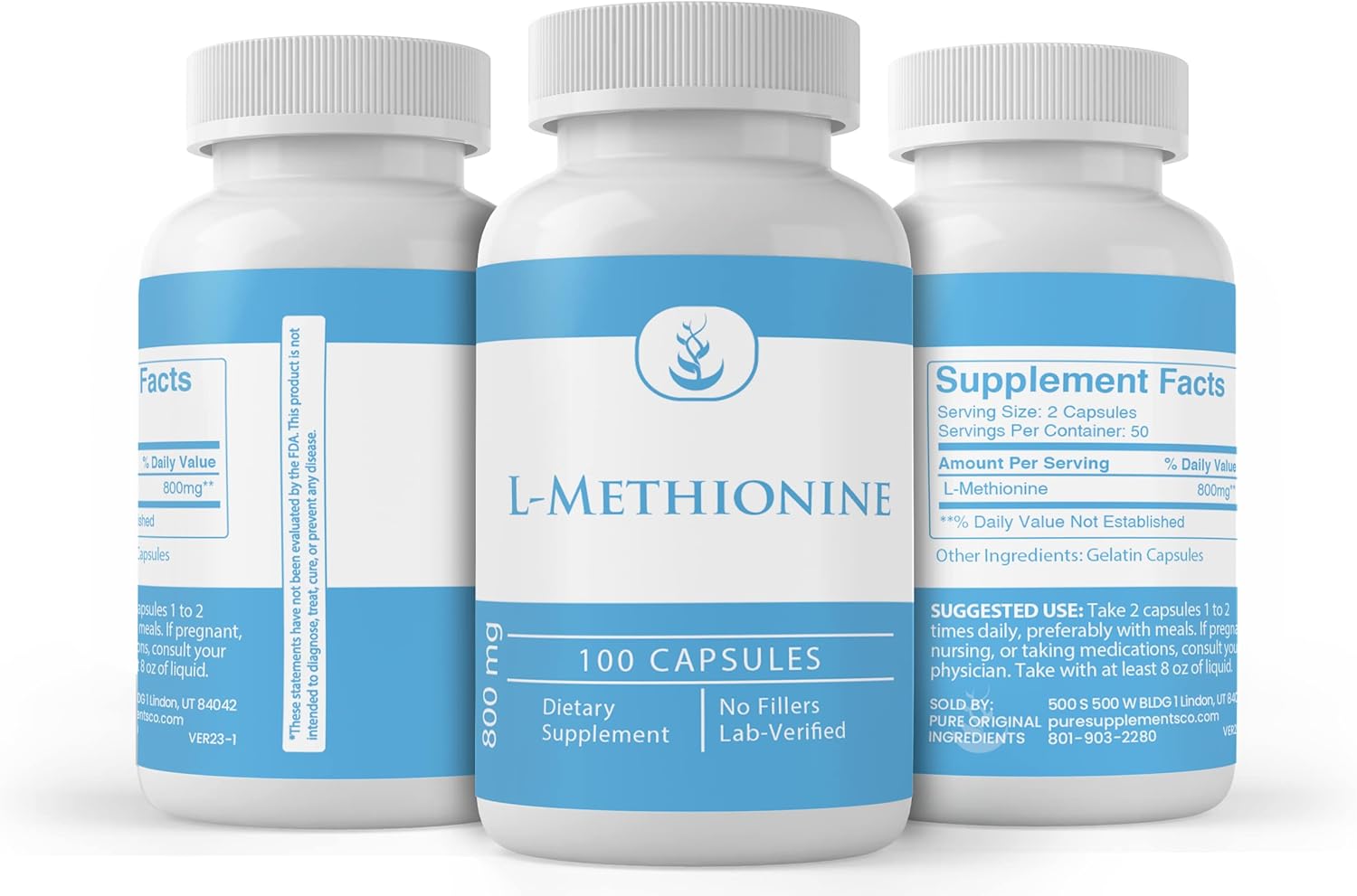 100 Capsules of Pure L-Methionine with Original Ingredients - Lab Verified, No Additives or Fillers