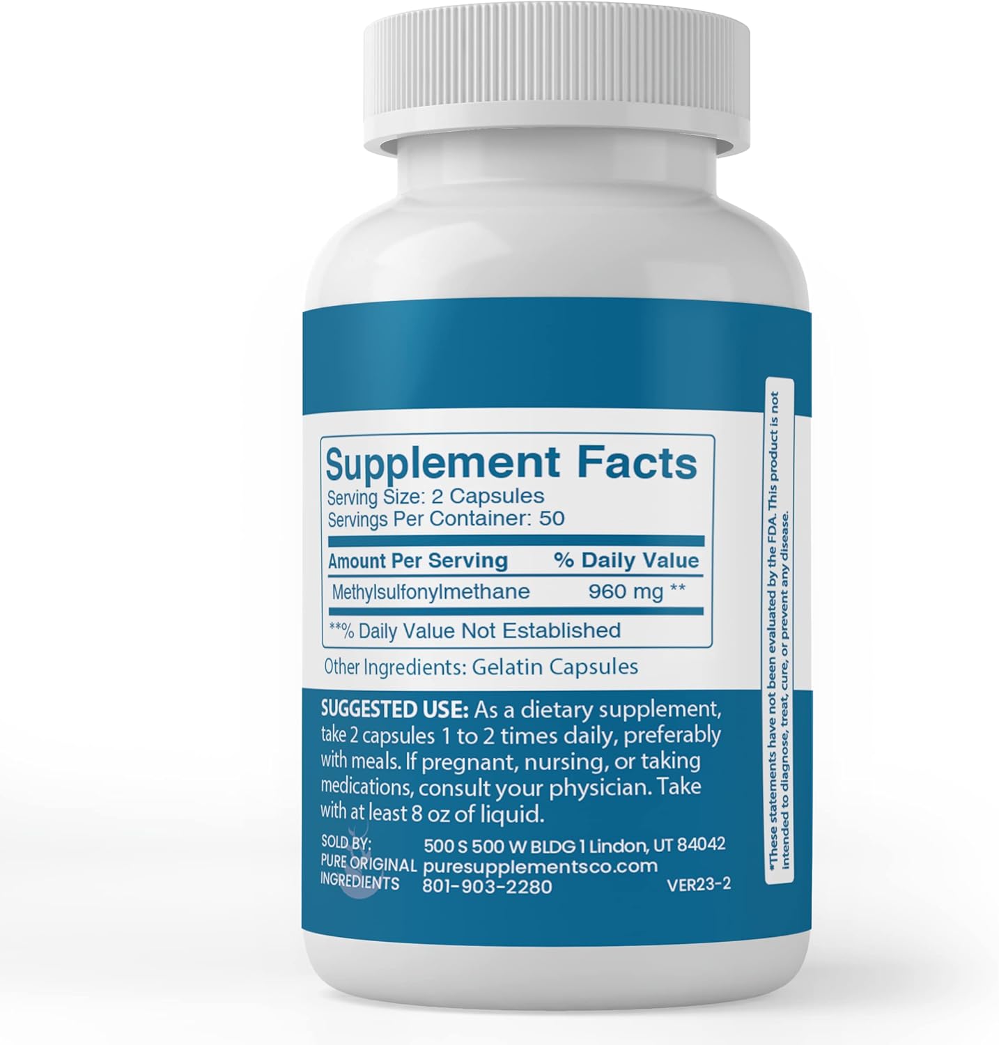 100 Capsules of Pure MSM with Original Ingredients, Lab Verified, No Additives or Fillers
